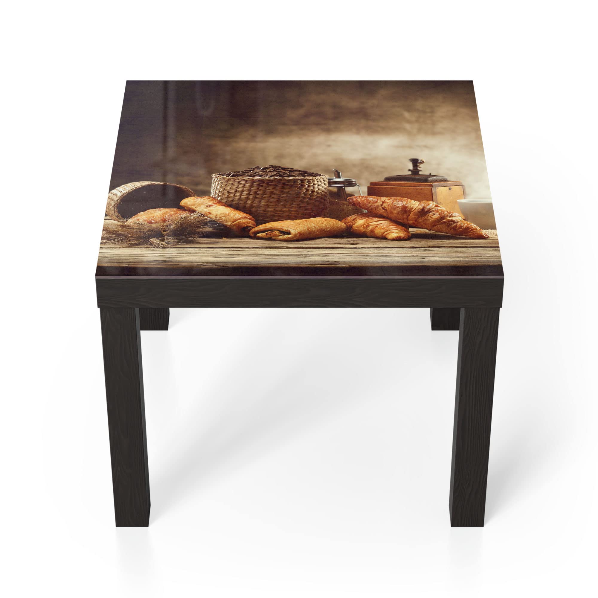 DEQORI Stolik szklany | czarny mały 55 x 55 cm | motyw francuskiego śniadania | niezwykły stolik pomocniczy ze szkła | stolik kawowy o wysokim połysku do salonu | nowoczesny stolik kawowy z wzorem