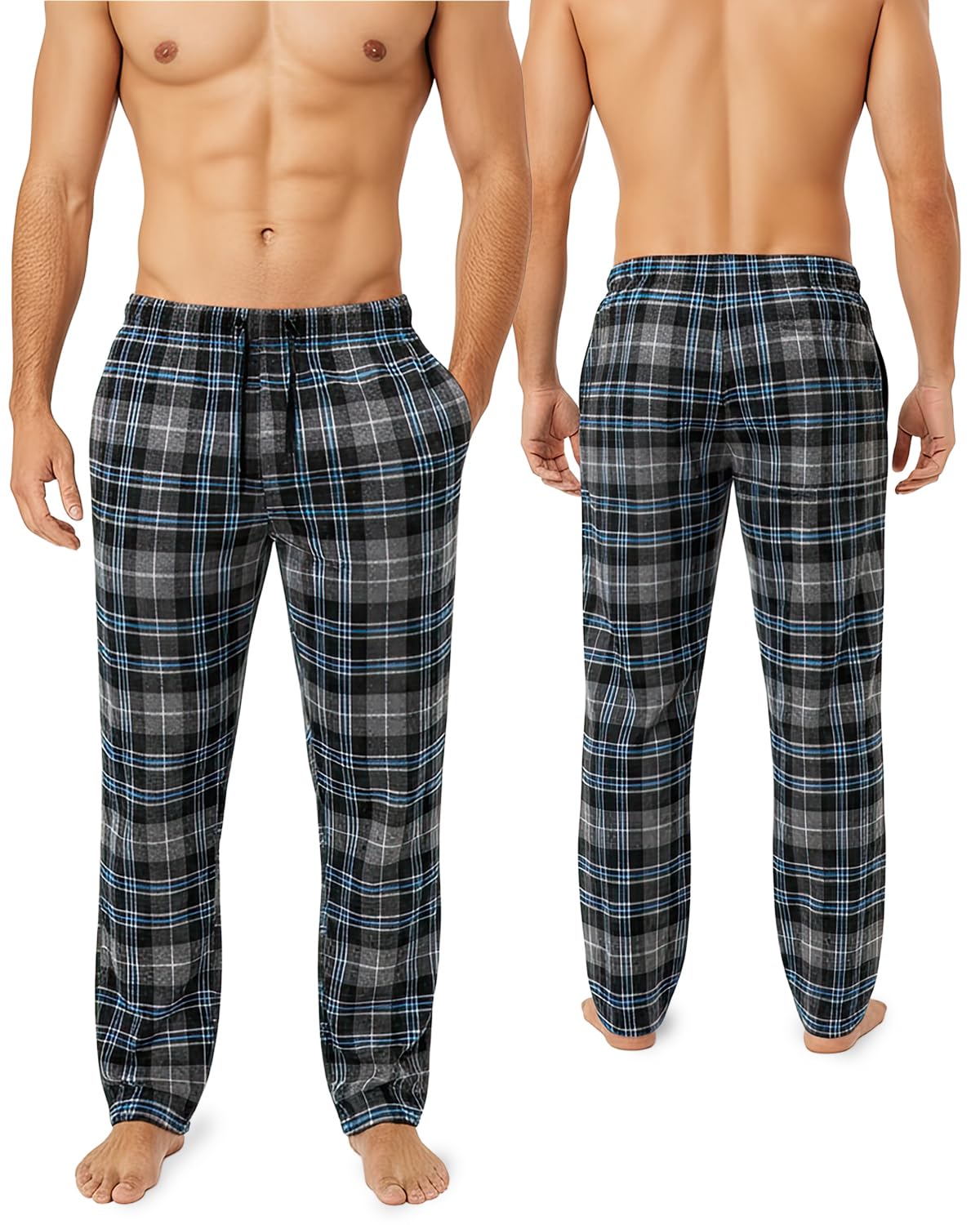 Active Club Men’s Flannel Pajama Pants – Soft Sleep & Lounge Pants with Pockets & Adjustable Drawstring – Plaid Lounge Bottoms (Black Blue Plaid, Large)