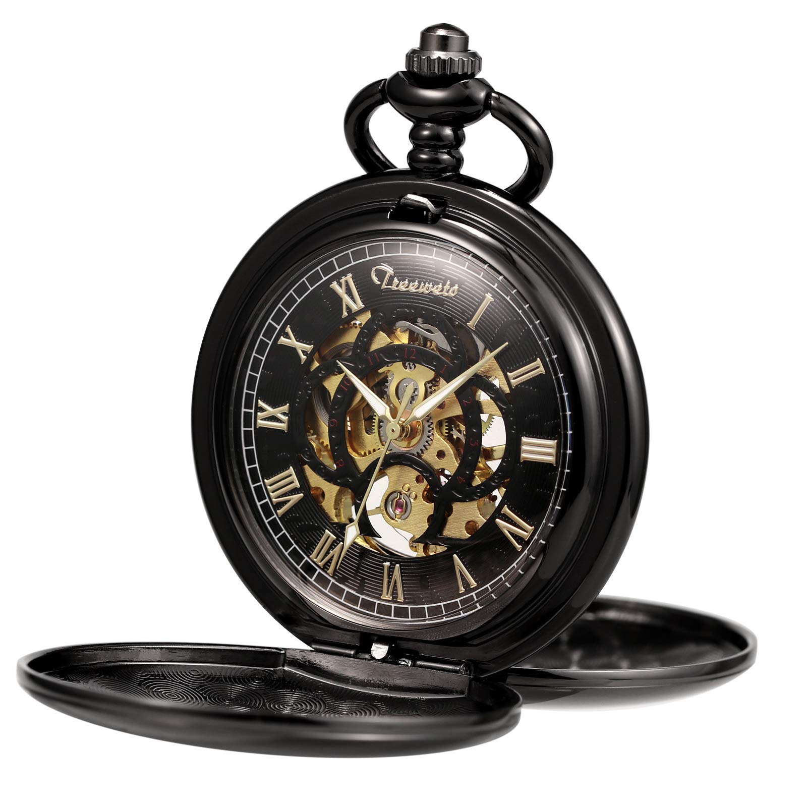 TREEWETO Orologio da tasca unisex, con catena, analogico, a carica manuale, con doppia cerniera, cifre stile antico romano, con incisioni, nero