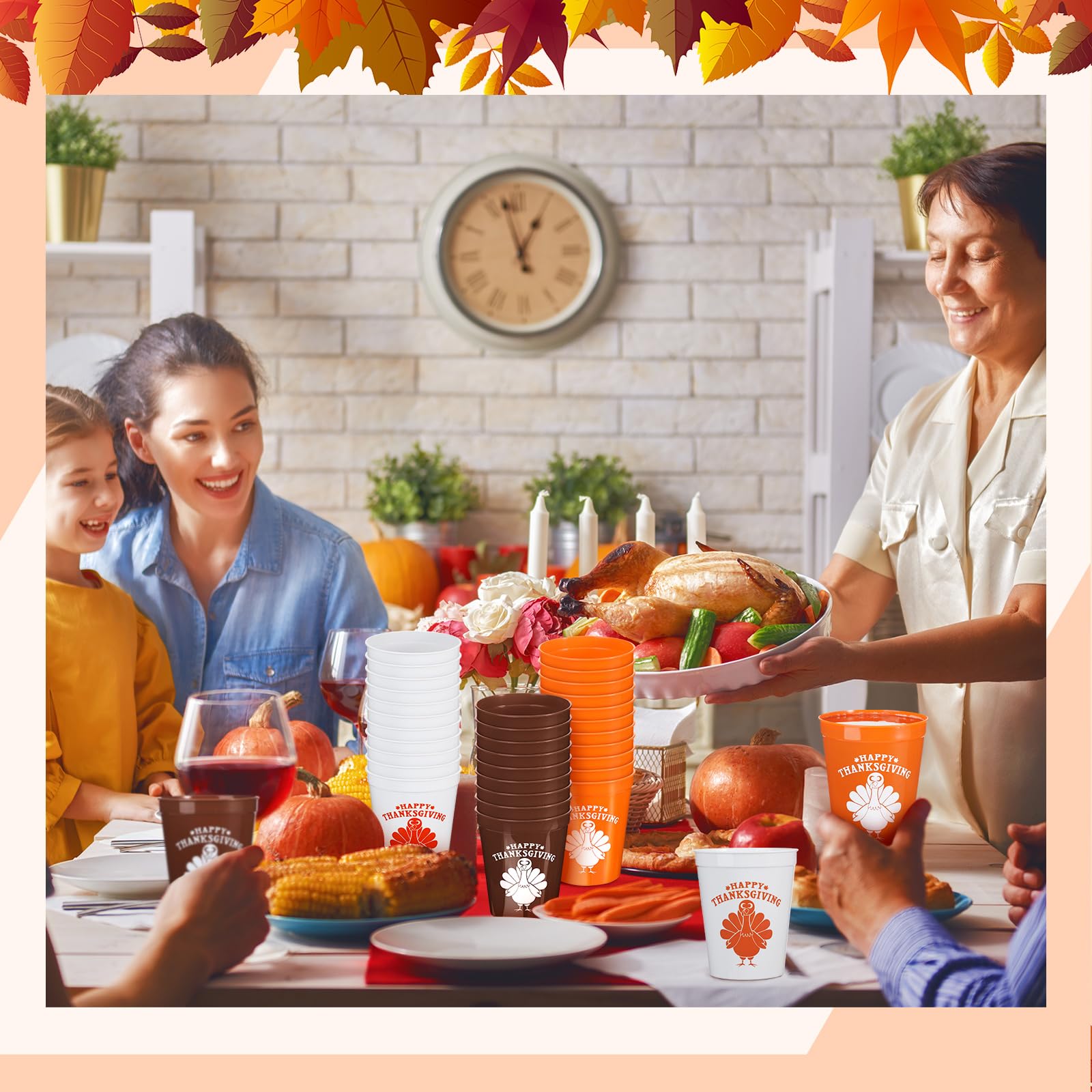 Tioncy 60 Stück Thanksgiving-Partybecher, orange-weiß, Kaffee, Truthahn, Kunststoff, wiederverwendbar, 340 ml, Becher für Thanksgiving, Abendessen, Geburtstag, Party, Zubehör, Trinkgeschirr, Bier,