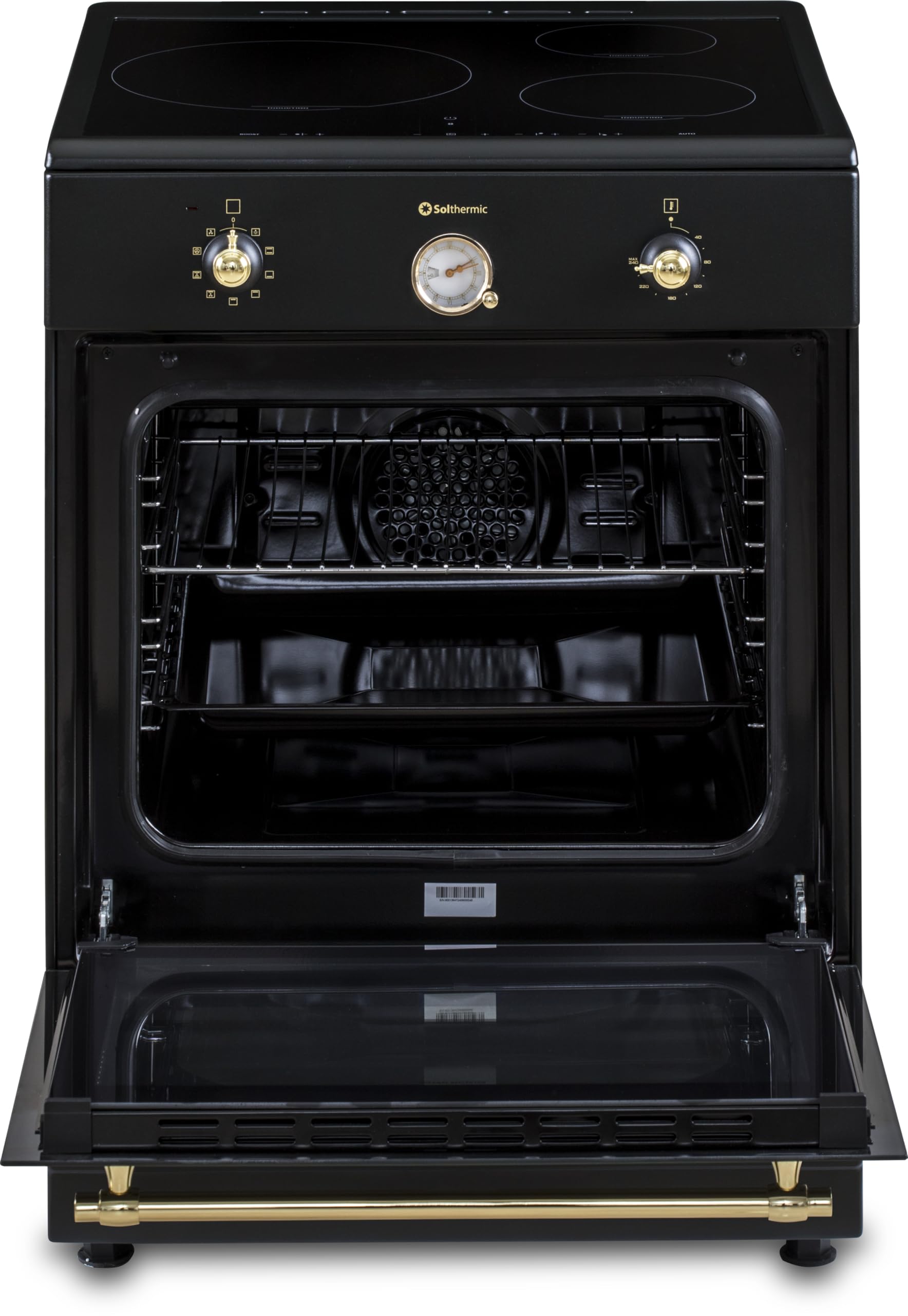 INDUCCION COCINA SOLTHERMIC 60x60 VTI60 NEGRA ACABADOS DORADOS/HORNO GRAN CAPACIDAD CON TURBO 60L / FUNCIONES BOOSTER, ALTA POTENCIA, CALENTAMIENTO RÁPIDO / 3 ZONAS (1 GRAN ZONA) / BAJO CONSUMO (A)