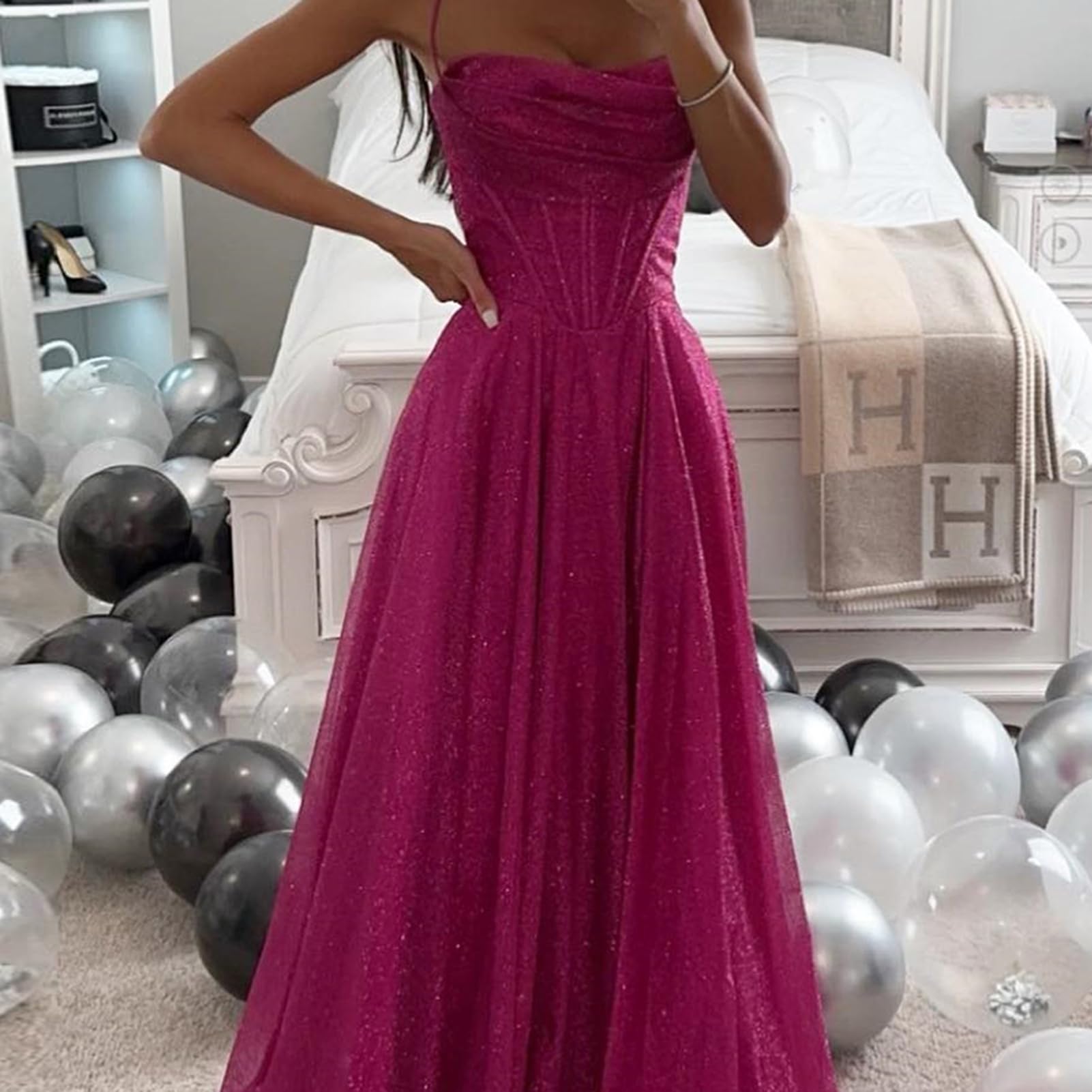 Abito da sposa, senza maniche, con spalline sottili, senza maniche, plissettato, linea ad A, lunghezza al pavimento, per feste di fine anno e matrimoni