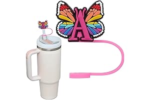 Letter A Pink Butterfly Silicone Straw Topper for Stanley Cup - Personalized...