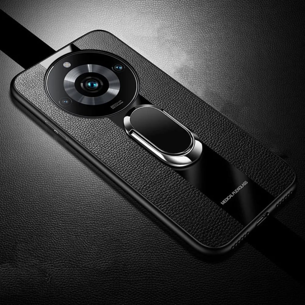 Gruattreay for Realme 11 Pro Plus/Realme 11 Pro+ Case with Built in Metal Plate on Back Stand [Support Magnetic Car Mount][Metal Kickstand][Safe to Hold with Ring] Leather Phone Cover (Black)