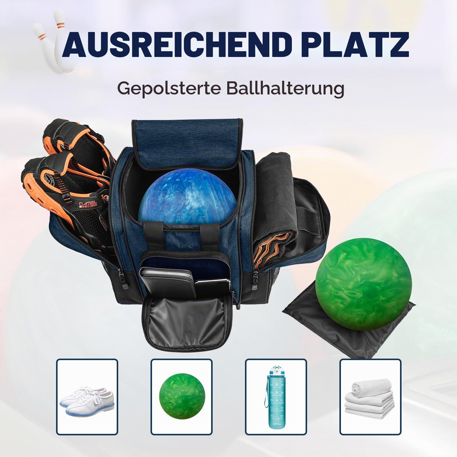 Bowlingballtasche – Einzelball-Tragetasche mit Schaumstoffkissen, gepolstertem Gurt für Damen und Herren, passend für Bowlingschuhe bis Herrengröße 42 und Zubehör