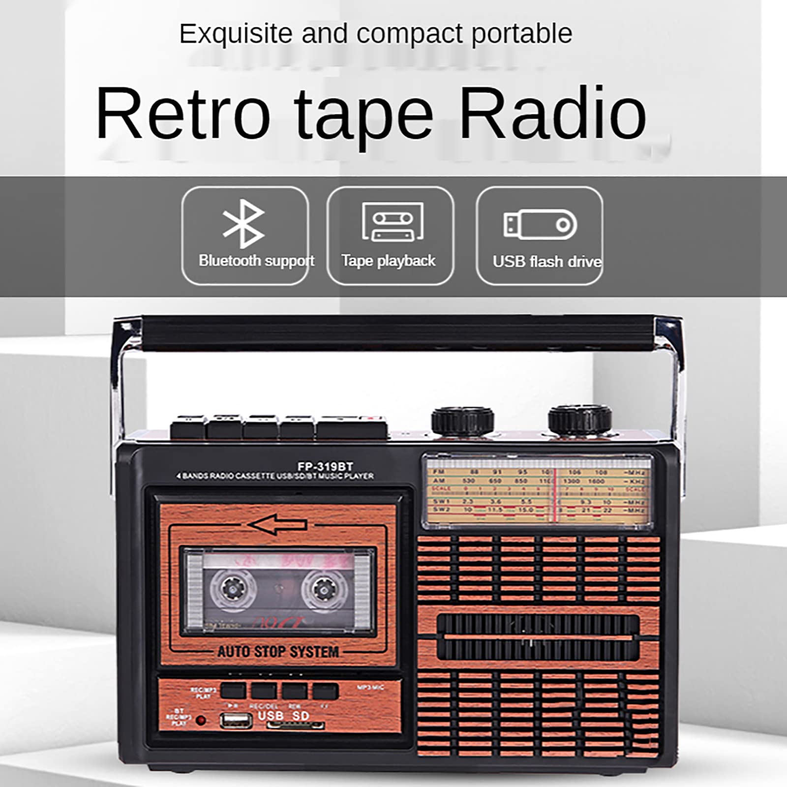 Cassette de Radio Retro, Radio grabadora de Cinta Retro, Reproductor de Cinta, Reproductor de Bluetooth, transcripción de Disco U Bluetooth inalámbrico para Estudiantes Mayores de Banda complet