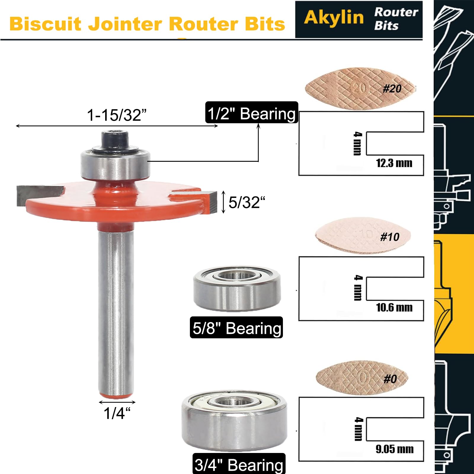 Akylin 3 in 1 Biscuit Jointer Router Bit, 1/4”Shank Biscuit Joint Slot Cutter Router Bits & 3 Bearing Set - Image 2