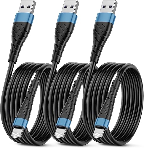 OIITH Cable de carga para iPhone con certificación MFi, paquete de 3 unidades de 6 pies, largo para cable de carga Lightning, cable USB rápido de