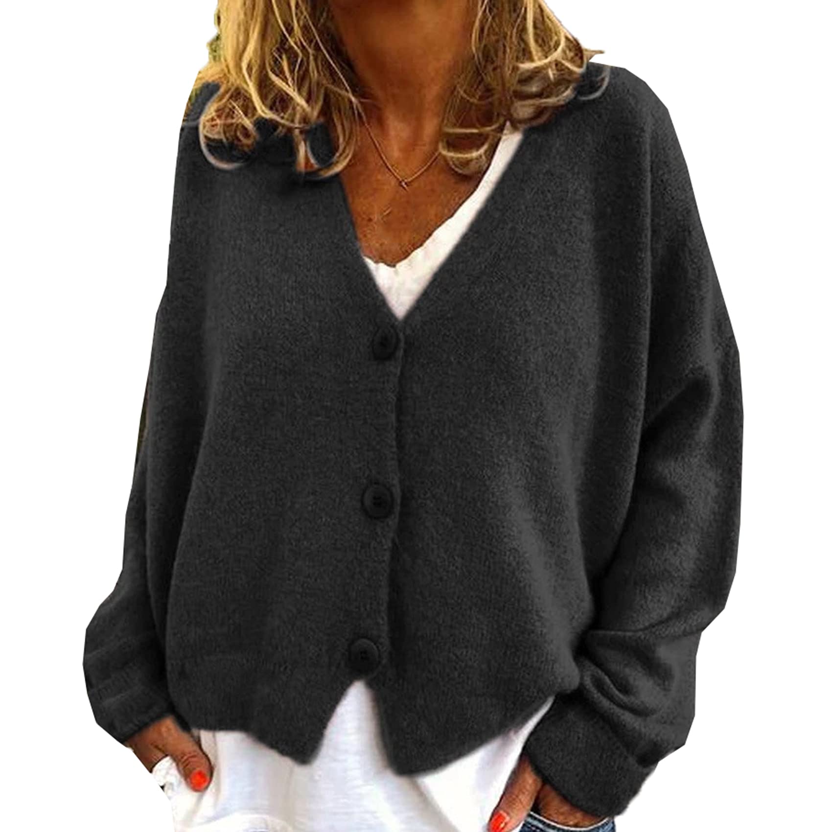 WHZXYDN and Winter Fashion Casual Loose Sweater Knitted Cardigan Black