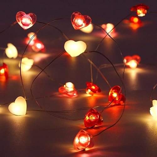 Decoración del día de San Valentín de 16.4 pies, 50 luces LED en forma de corazón, luces parpadeantes en rojo, rosa, blanco, control remoto, 8 modos