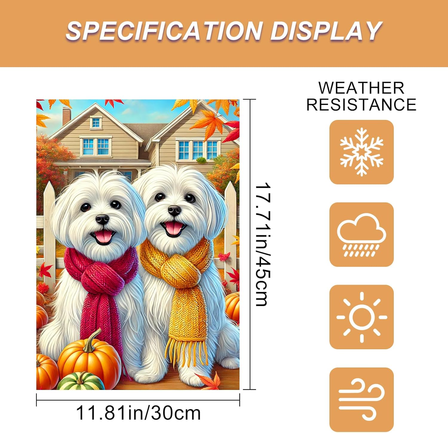 Fall Thanksgiving Garden Flag 12x18 Inch Cozy Maltese Dog Outdoor Flag Double Sided Autumn Puppy Yard Banner with Scarves Pumpkins and Maple Leaves for Porch Lawn Patio - Image 3
