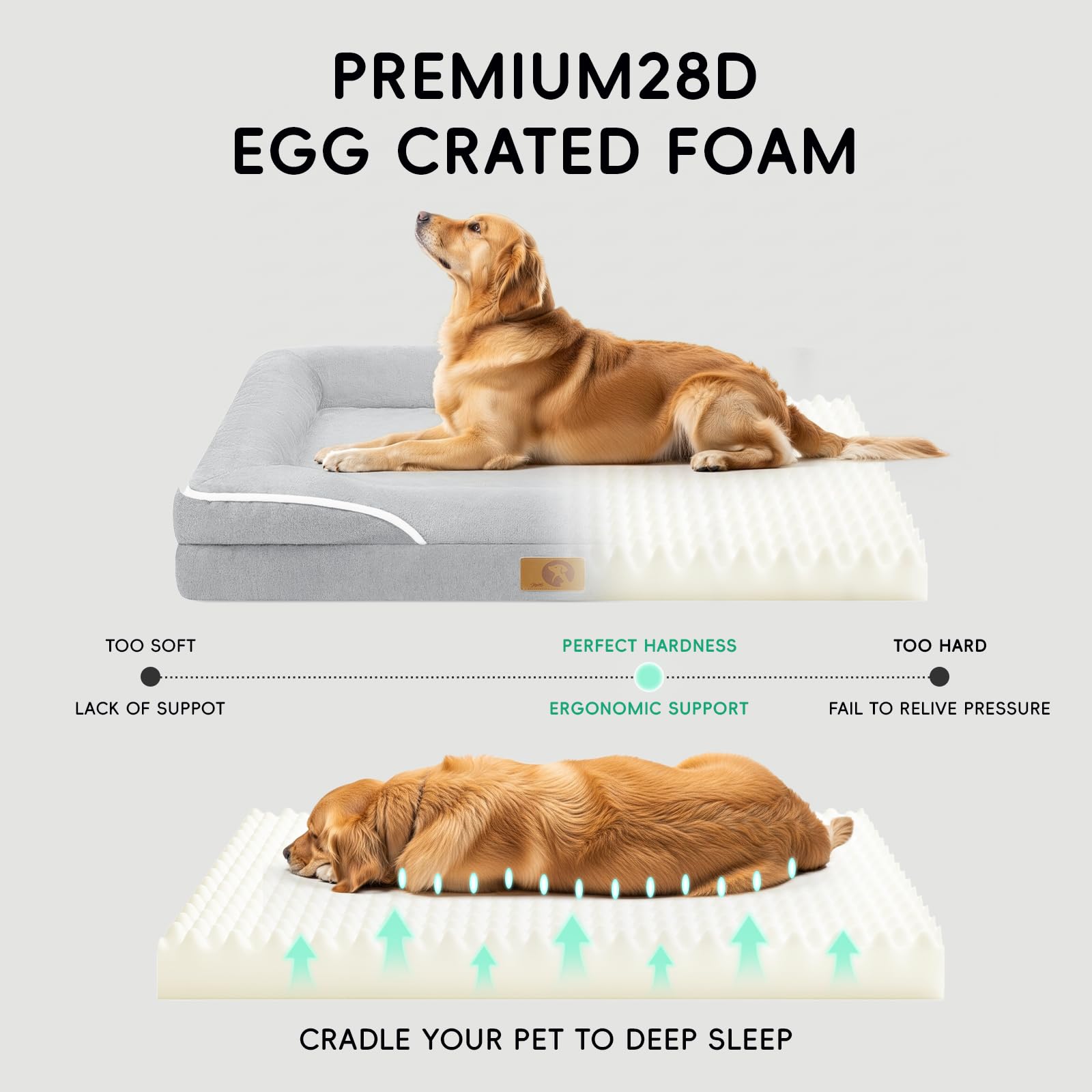 L'AGRATY Lettino ortopedico per cani grande, in memory foam, impermeabile, con lati e schiuma a forma di uovo, con fodera rimovibile in velluto a coste lavabile e con giocattolo da masticare, grigio
