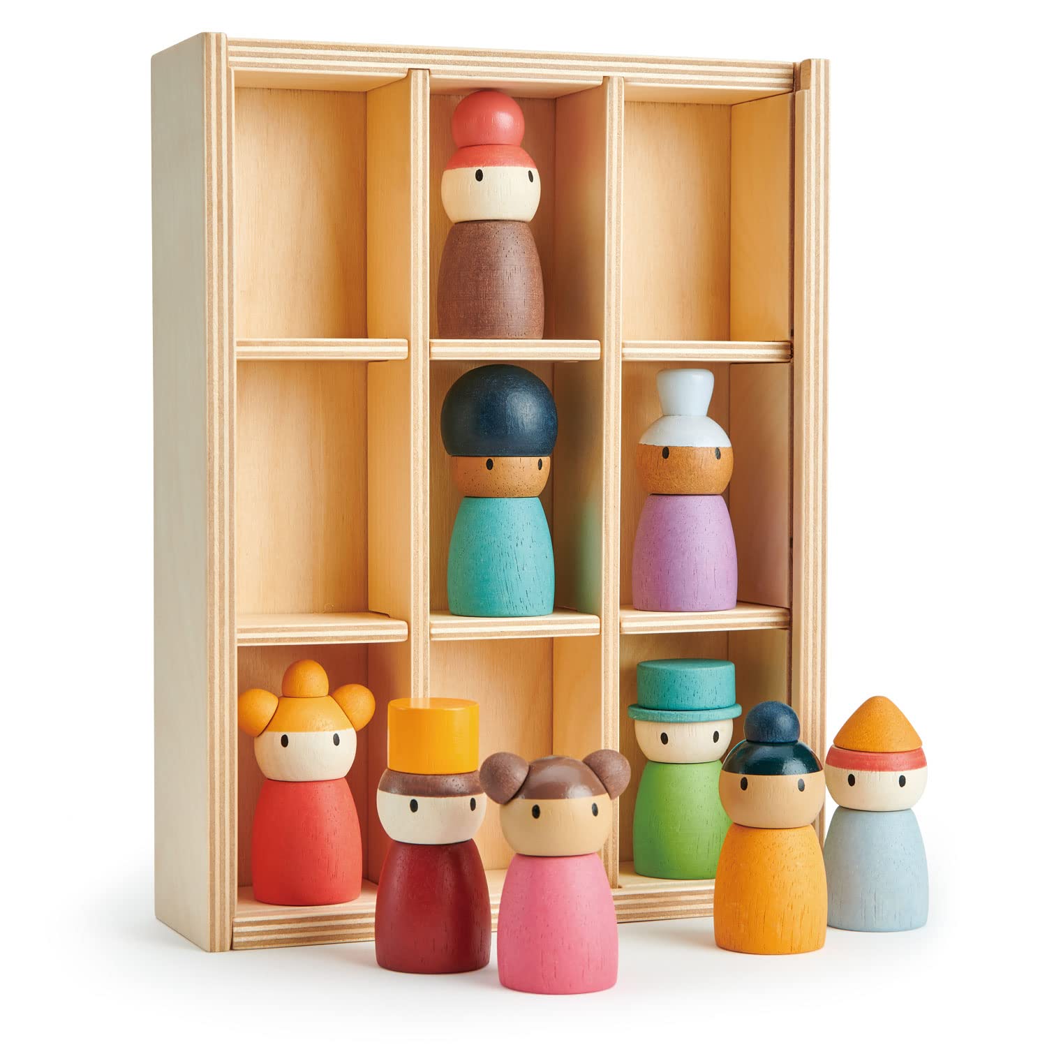 Happy Folk Hotel - 9 muñecas de madera con clavijas de diversidad de juguetes abiertos - Montessori People Figures Play Set - Edad 3+ 3