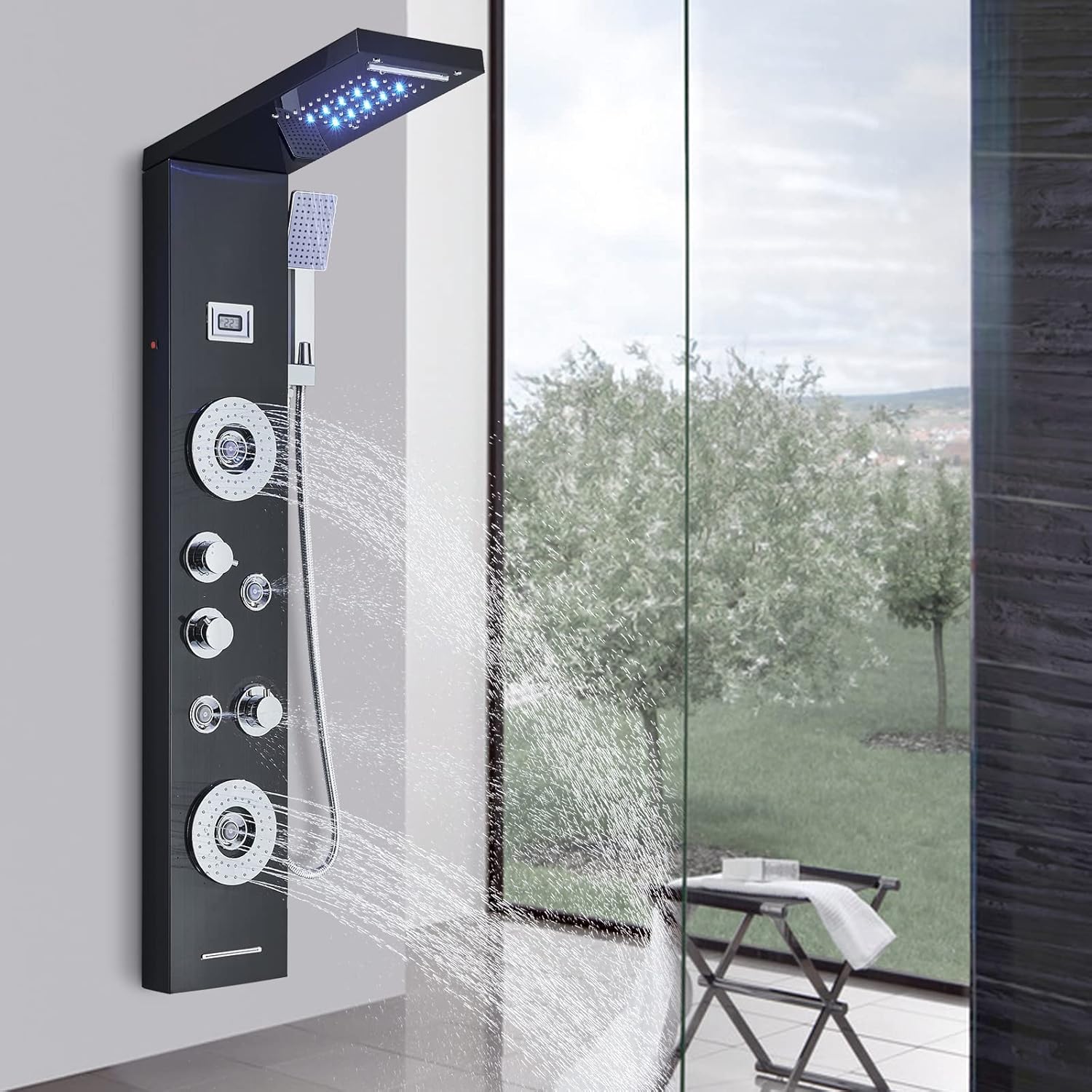 Panel de ducha columna de ducha de hidromasaje negro para baño con cabezal de ducha