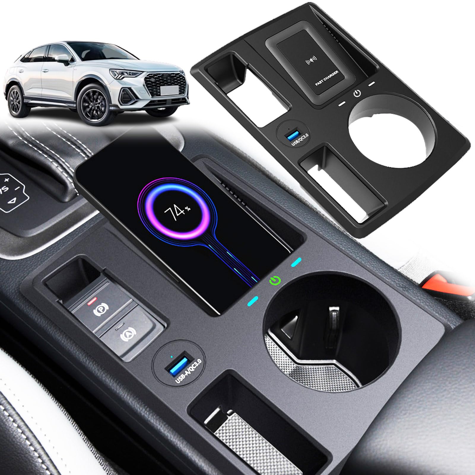 2024 Nuova Versione Caricatore Wireless per Auto per Audi Q3/Q3L Sportback 2020-2024 Tutti i Modelli, 15W Ricarica Rapida con Porta USB 27W Caricatore Wireless per Telefono Qi, Nero