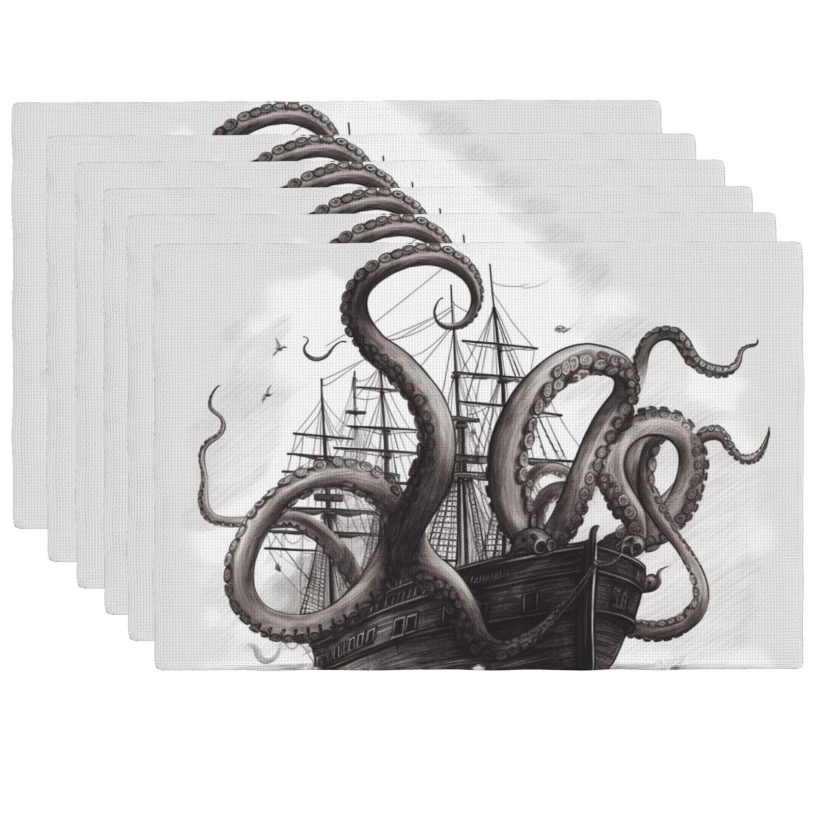 Sets de table lavables et anti-chaleur lot de 6 lin synthétique pieuvre et bateau