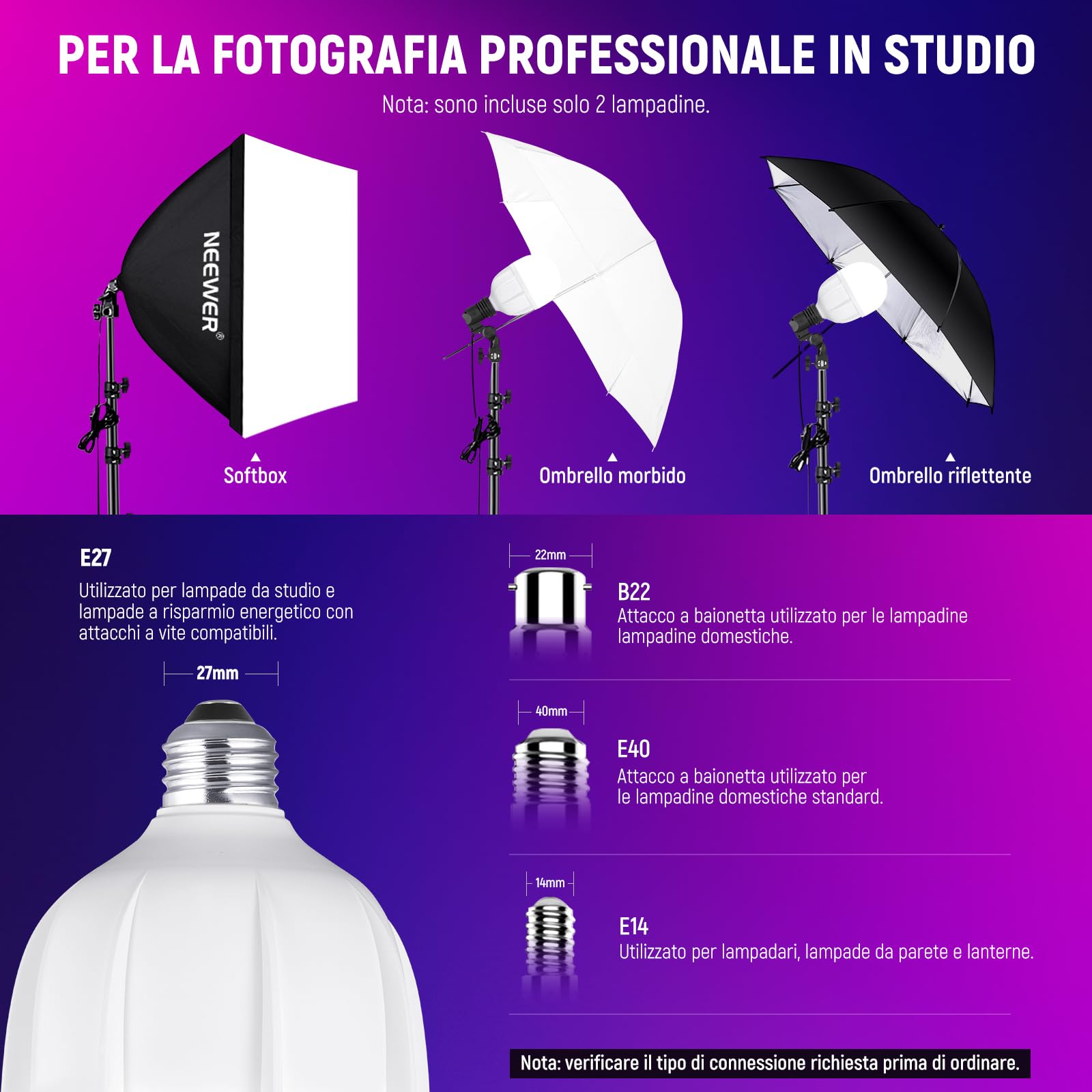 NEEWER Lampadina LED RGB per Fotografia, Confezione da 2, Controllo App, Lampadina LED 26W con 9 Effetti, 400lux/m 2700K-6500K CRI93+ TLCI98+, Base E26 per Kit di Illuminazione Softbox Studio, T100C