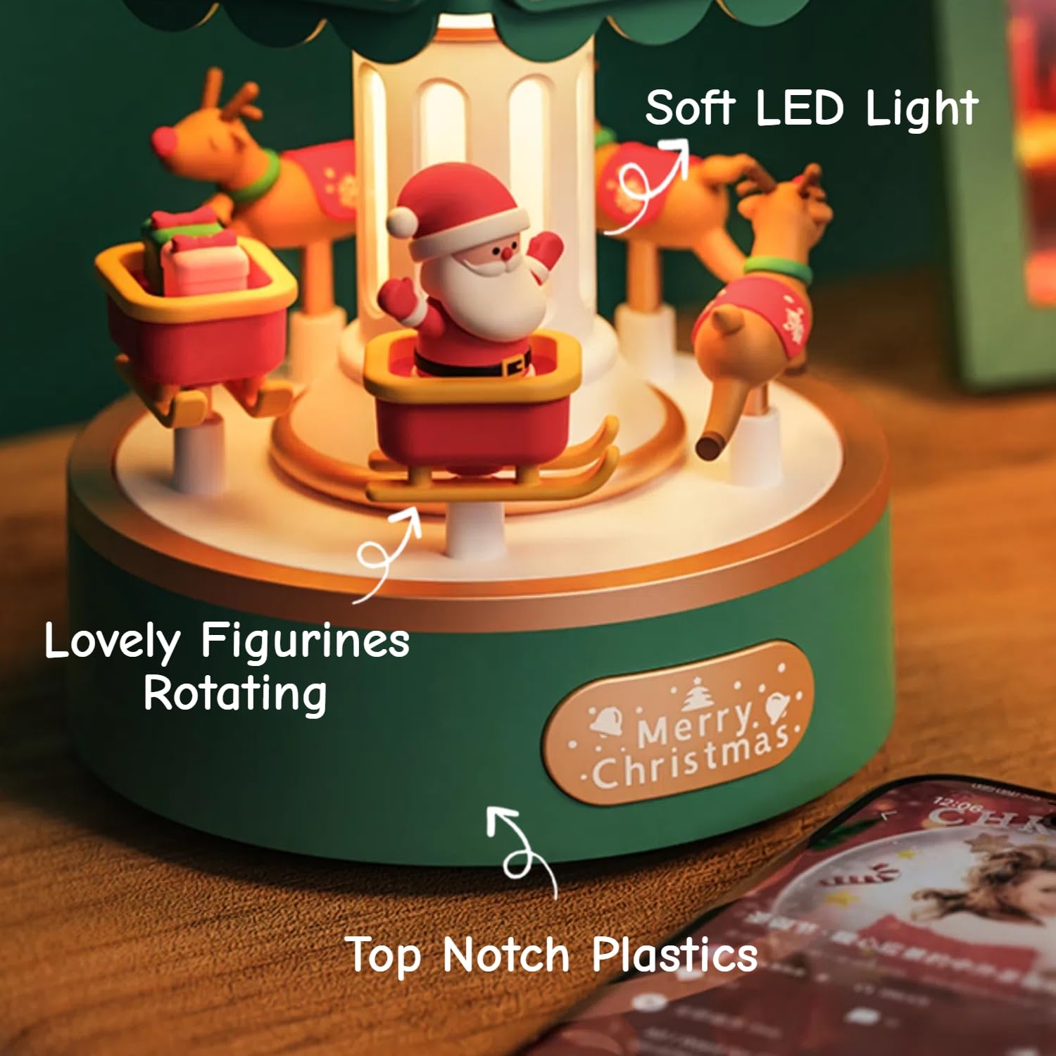 Carrusel de caja de música eléctrica con gemas brillantes, decoración encantadora y regalo sincero para cumpleaños, aniversario, Navidad, día de San Valentín y día de la madre (verde