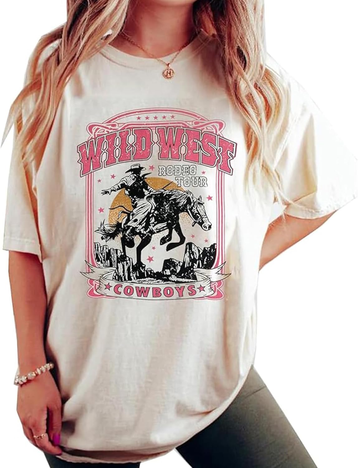 CLOCOVAIN Women's Western Cowboy Shirts Vintage Rodeo Graphic Oversized Tops Cowgirl T-Shirt Rodeo Shirts for Women