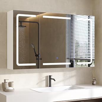 DICTAC Bathroom Mirror Cabinet with Lighting and Socket Bathroom Cabinet with Mirror and Adjustable Shelf Bathroom Mirror Cabinet with 3 Doors Wall Cabinet Wall Cabinet Bathroom Mirror 100 x 60 x 16 White