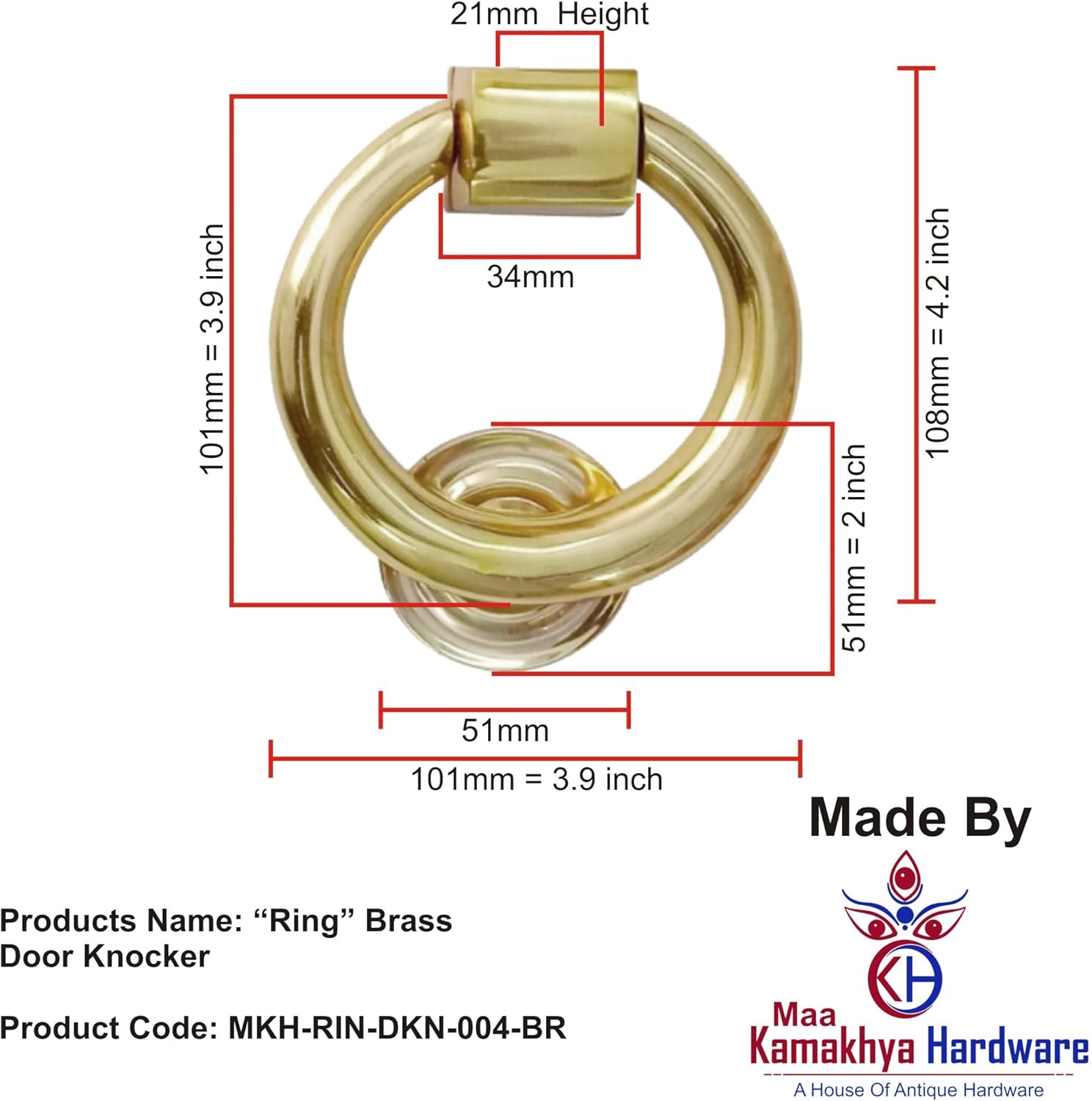 “Ring” Brass Door Knocker (Polish Lacquered Finish) - Supplied as 1 Piece Per Pack