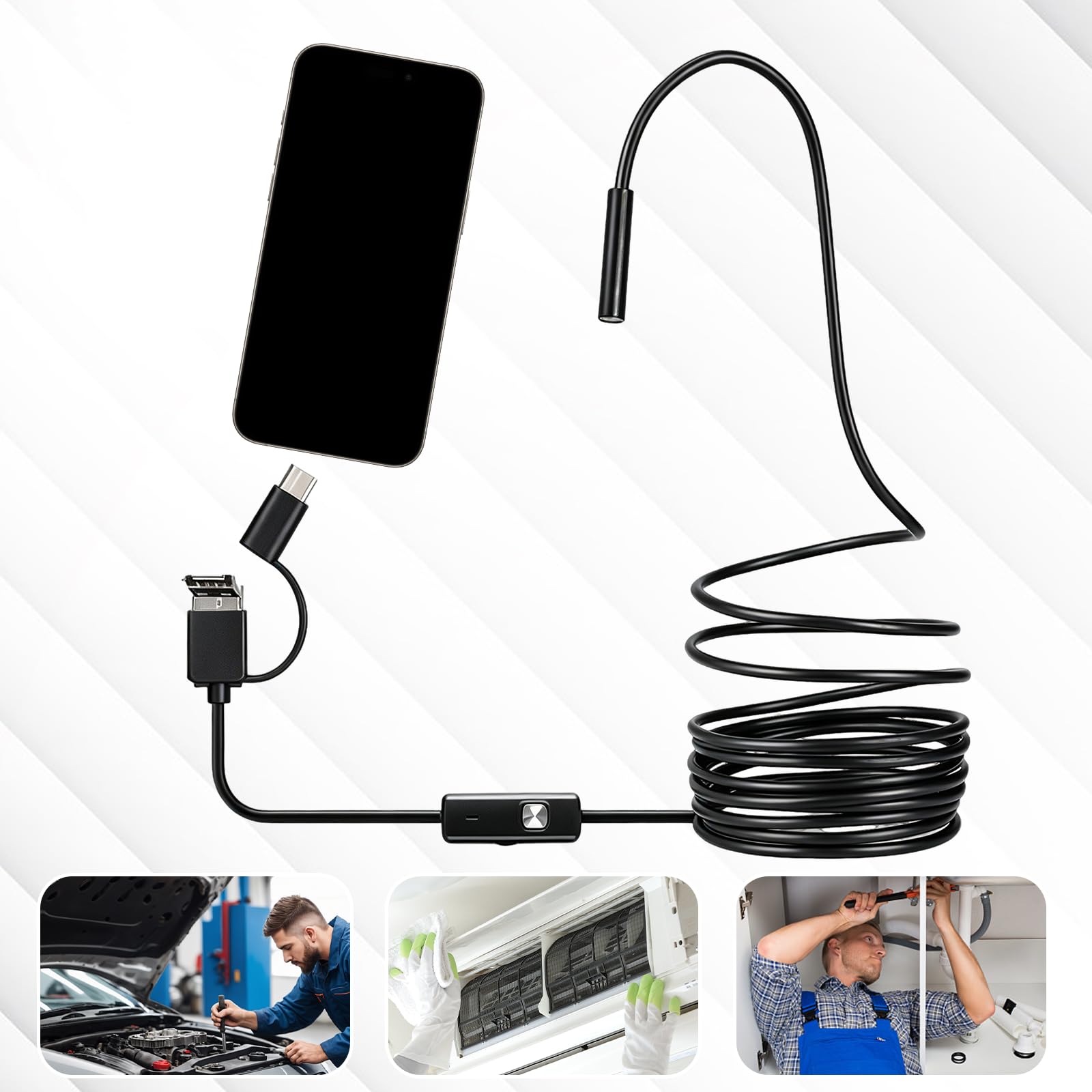 Endoscopio per Smartphone con Luce，Doppia Lente 1920P HD Telecamera Endoscopica，IP67 Impermeabile Telecamera Ispezione Tubi con Cavo Semirigido da 5 M per Android e iOS