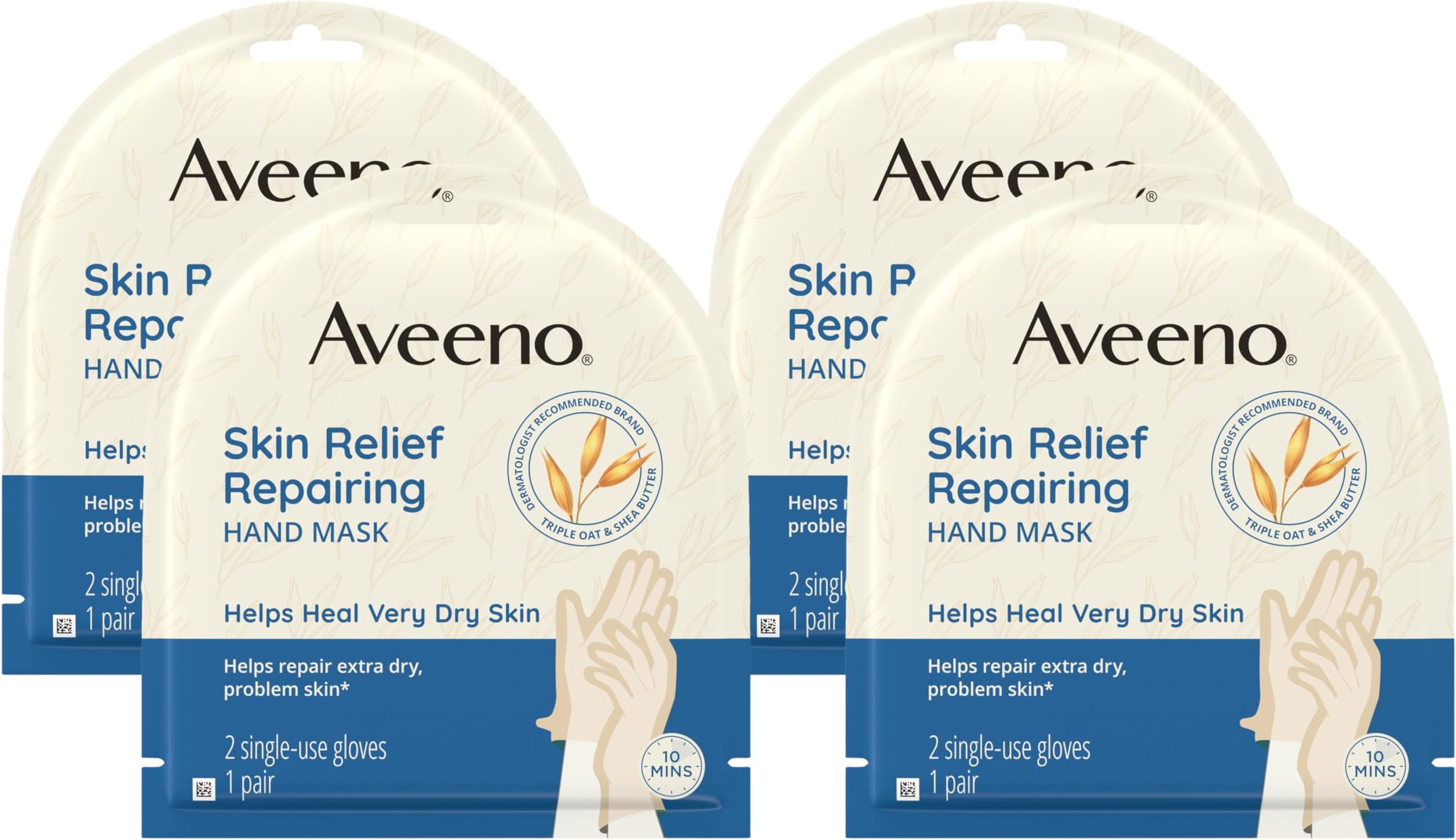 SkinRelief Repairing Hand Mask, Moisturizing Gloves with Triple Oat & Shea Butter for Very DrySkin, Hand Care for SensitiveSkin, Fragrance-Free, 1 Pair of Single-Use Gloves (Pack of 4)