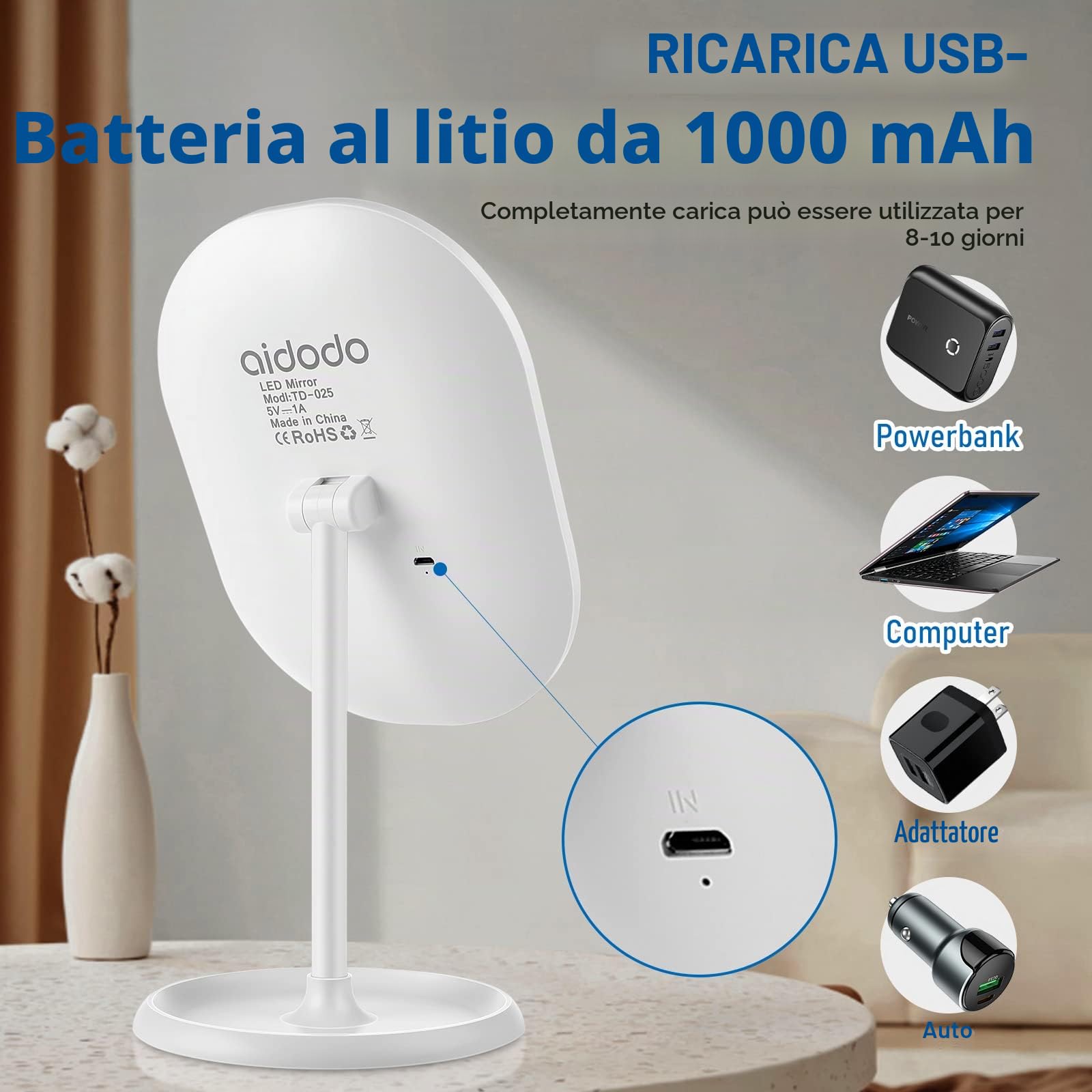 Specchio da trucco a LED, specchio ingrandente 5X staccabile, regolazione di illuminazione intelligente und ricarica USB, specchio da tavolo pieghevole a 180 °, regalo perfetto per un amico