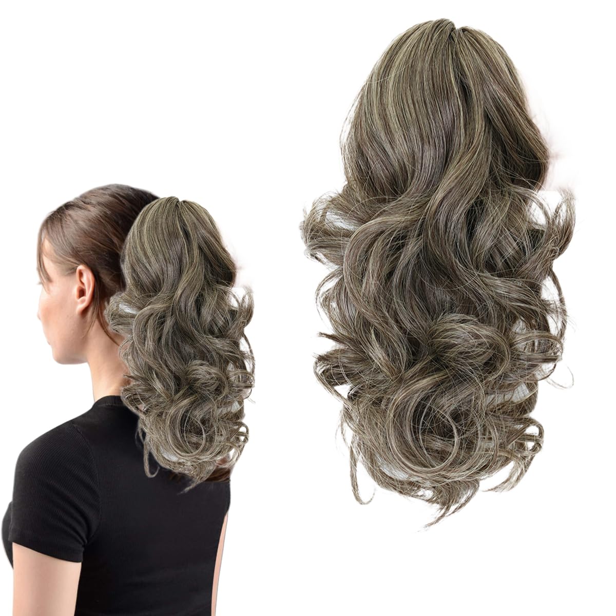 prinfantasy 11inch Ponytail Extension Clip in Ponytail Hair Curly Wavy Pony Tails Claw on Synthetic Soft Real Look Wave Hair Pieces for Women Silver Gray Hair Extension,GBMW304