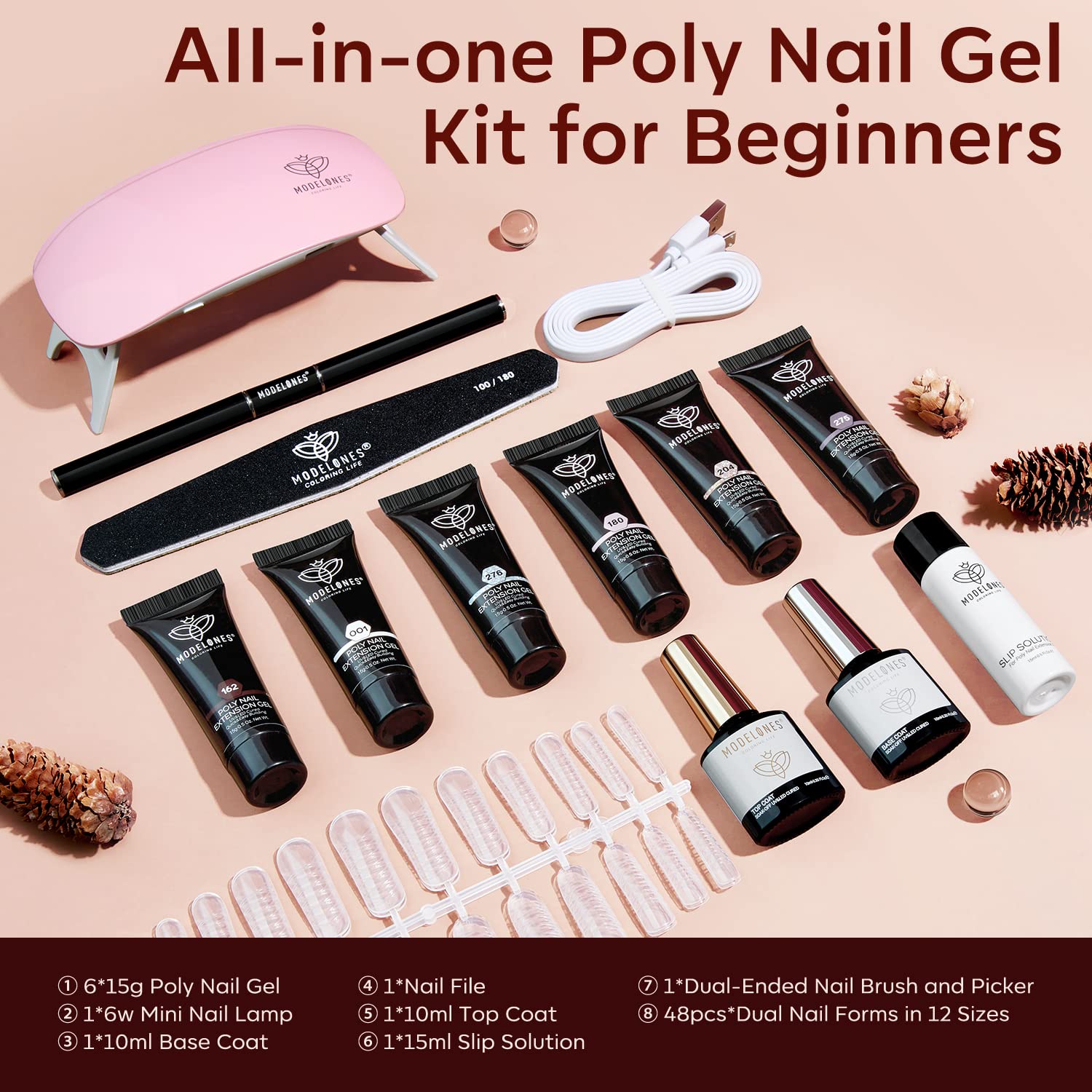 Modelones Poly Nail Gel Kit with Nail Lamp Starter Kit – 6 Colors Burgundy Red Brown Champagne Gold Builder Nail Extension Gel All In One Kit Fall Winter Nail Thickening Solution French Manicure DIY at Home