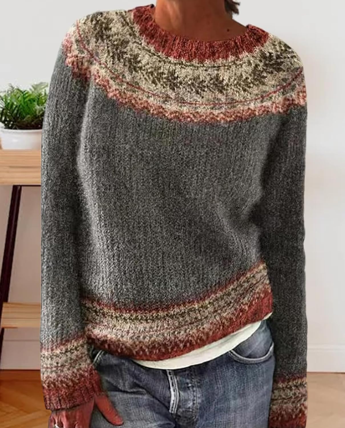 Fair Isle Sweater for Womens Winter Long Sleeve Vintage Knitted Sweater Casual Fall Crew Neck Pullover Sweaters - Image 4