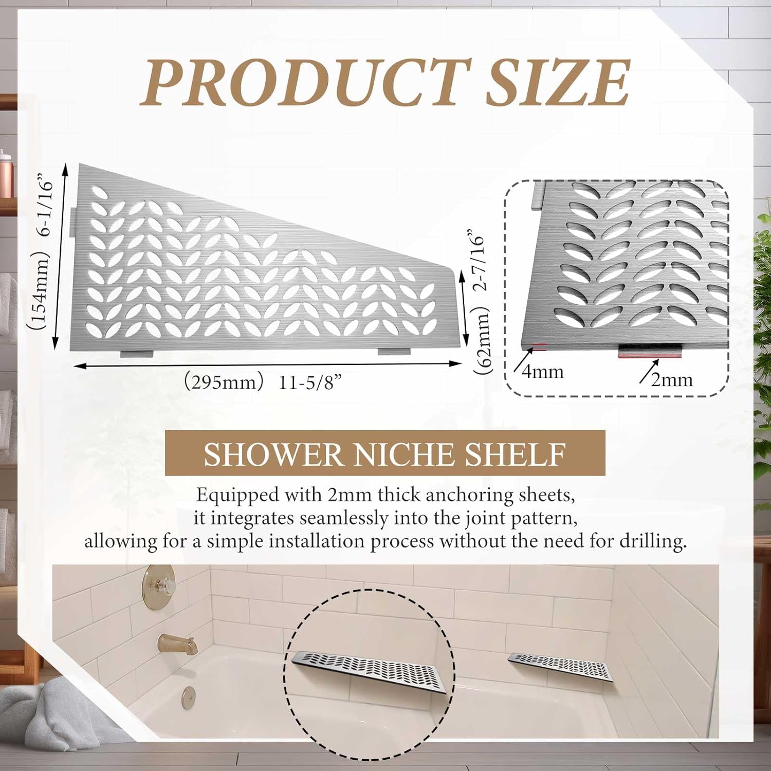 Quadrilateral Corner Shelf for Tiled Walls 12" Brushed 316 Stainless Steel 3/32" Thick Anchor Plate Bathroom Storage Shampoo Holder Organizer Kitchen Shelf