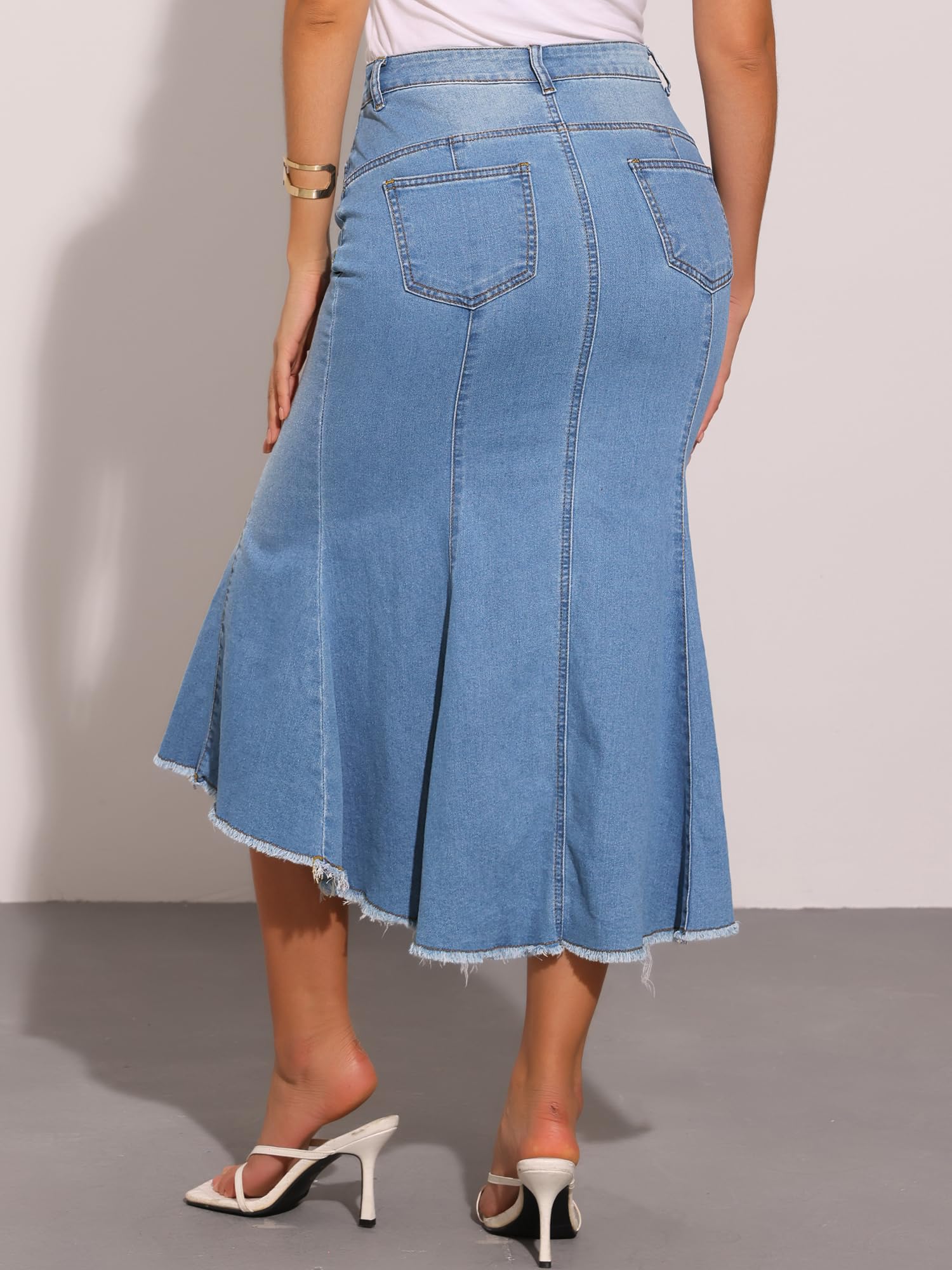 Allegra K Donna Gonna Denim a Vita Alta Midi a Coda di Pesce Lavata | Orlo Grezzo Asimmetrico Dettaglio Cuciture con Tasche Abbigliamento Casual Western Stretch