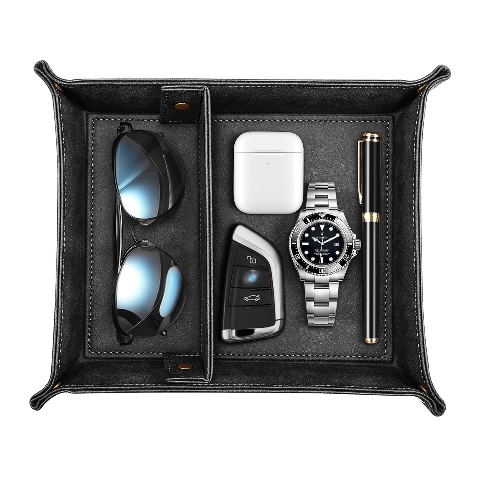 SITHON Valet Tray Desktop Storage Organizer, Removable 2 Compartments Catchall Tray Bedside Vanity Nightstand Caddy Holder Desk Storage Plate, Black