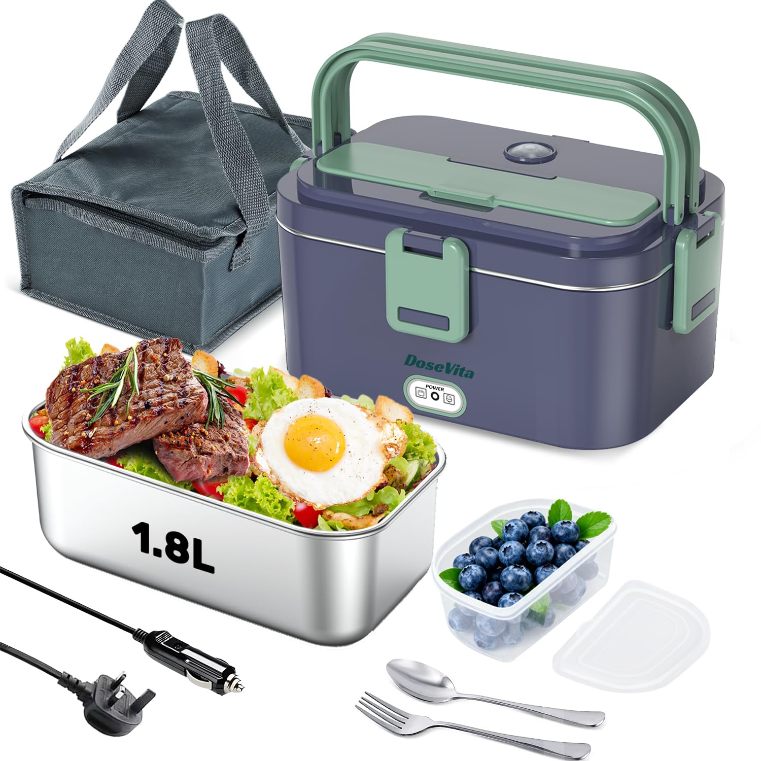 Electric Lunch Box 1.8L Faster Heated Lunch Box Portable Food Warmer for Car/Truck/Office with Fork and Carry Bag & 2 Cleaning Sponges