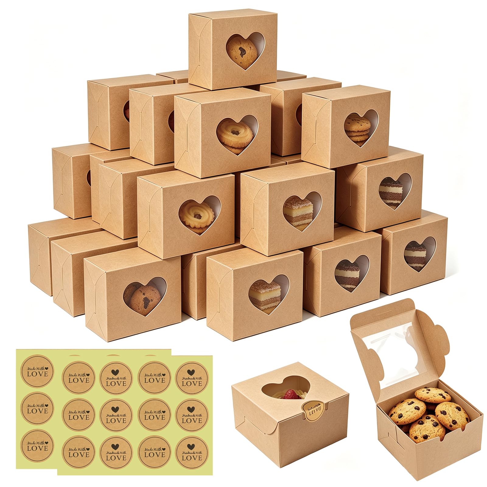 ZUYIST 24 Packs Mini Cake Gift Boxes,Bakery Boxes with Window for Cookies Candy Macaron Treats Gifts,Individual Cupcake Boxes with 24 Stickers for Party,Wedding,Christmas,Halloween (4x4x2.5 inch),Brow