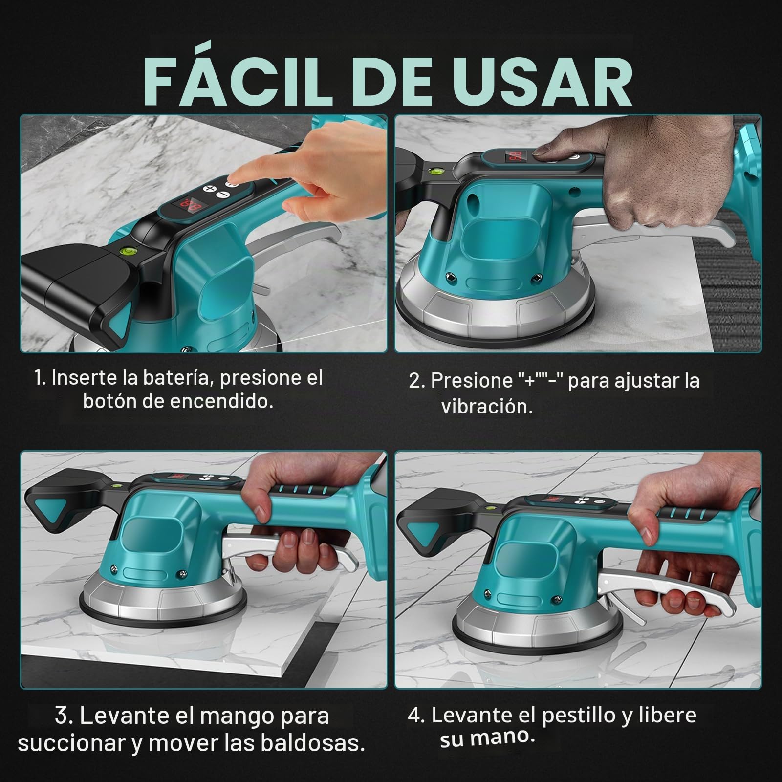 Vibrador de Azulejos Inalámbrico para Makita 18V (sin Batería) | Colocador de Azulejos, 10 Velocidades, Ventosa 14,5 cm, 200 kg de Succión, para Azulejos de 30-240 cm