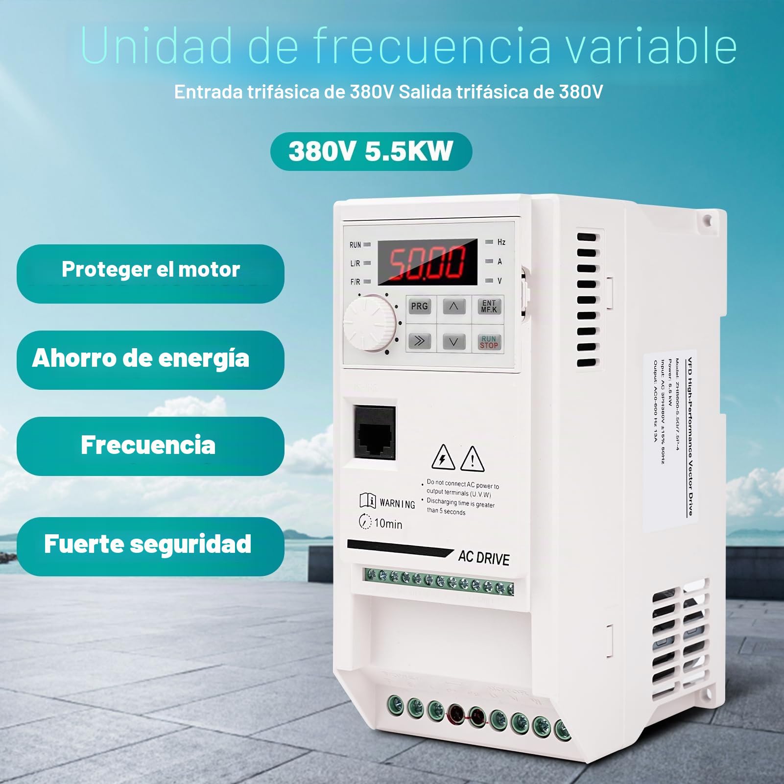 Variador de Frecuencia 380V 5.5KW VFD convertidor de frecuencia trifásico Entrada Salida 380V CNC controlador de velocidad del motor ZHB600-5.5KW con cable de extensión 2m