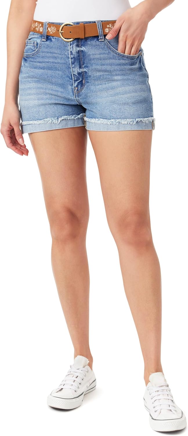 WallFlower Women's Juniors InstaVintage Belted Fearless Curvy High-Rise Stretch Short Shorts