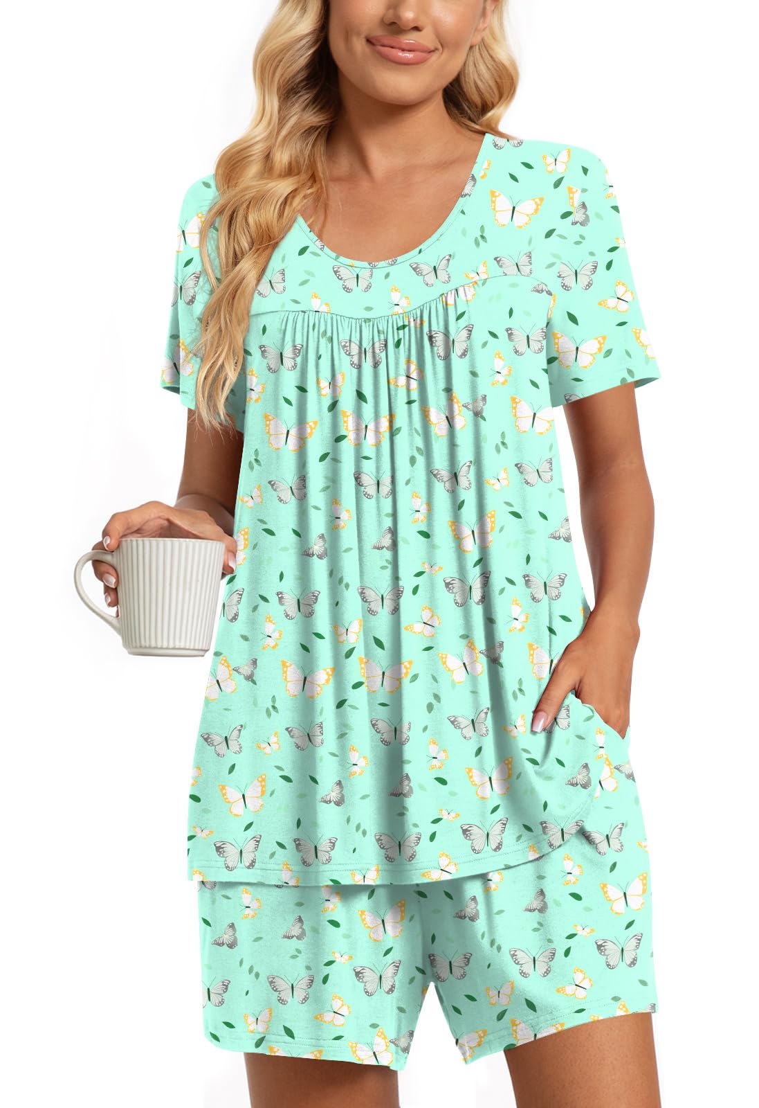 TAOHUADAO 2 Piece Women's Short Sleeve Pajama Sets, Lounge Sleepwear Ladies Pjs Sets with Pockets