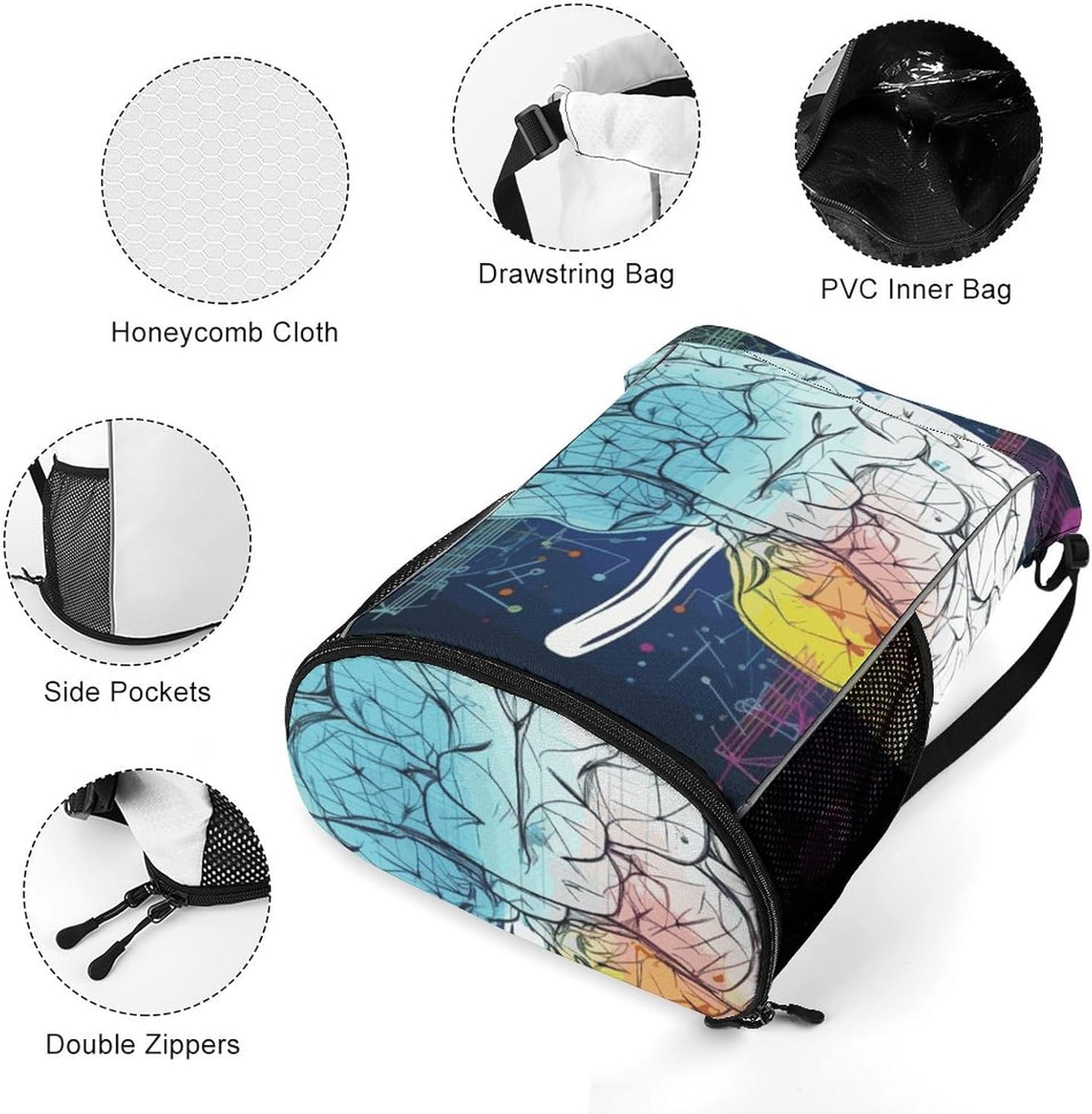 Small Gym Bag Geometry Brain Image with Science Printed Drawstring Gym Bag for Men Lightweight Waterproof Drawstring Backpack for Women with Shoe Compartment for Travel Tourism Work And Fitness