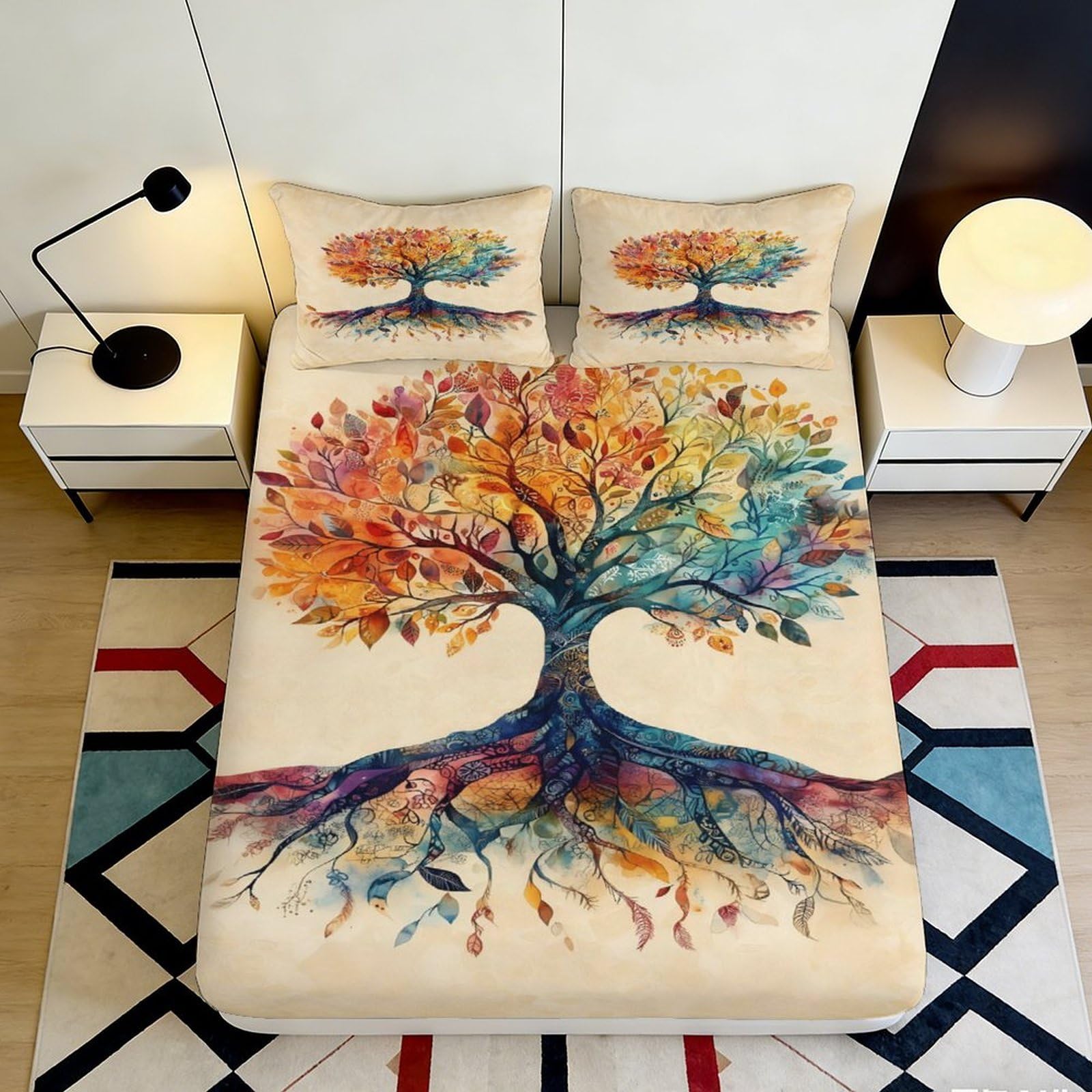 3D Printed Colorful Tree of Life Fitted Sheet Microfiber Soft Breathable Abstract Roots Mattress Cover for Bedroom Guest Room Decor 90x200x25cm