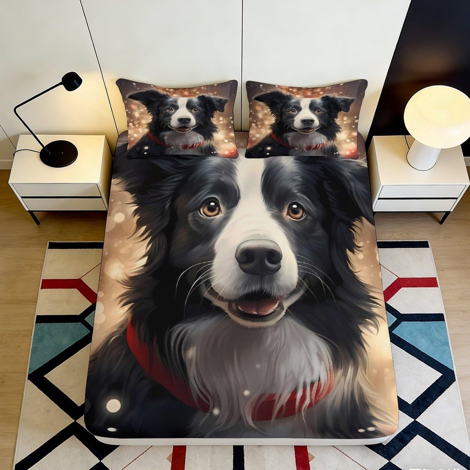 3D Printed Border Collie Dog Fitted Sheet Microfiber Soft Black White Pet Art Bed Cover for Bedroom Guestroom Decor 90x200x25cm