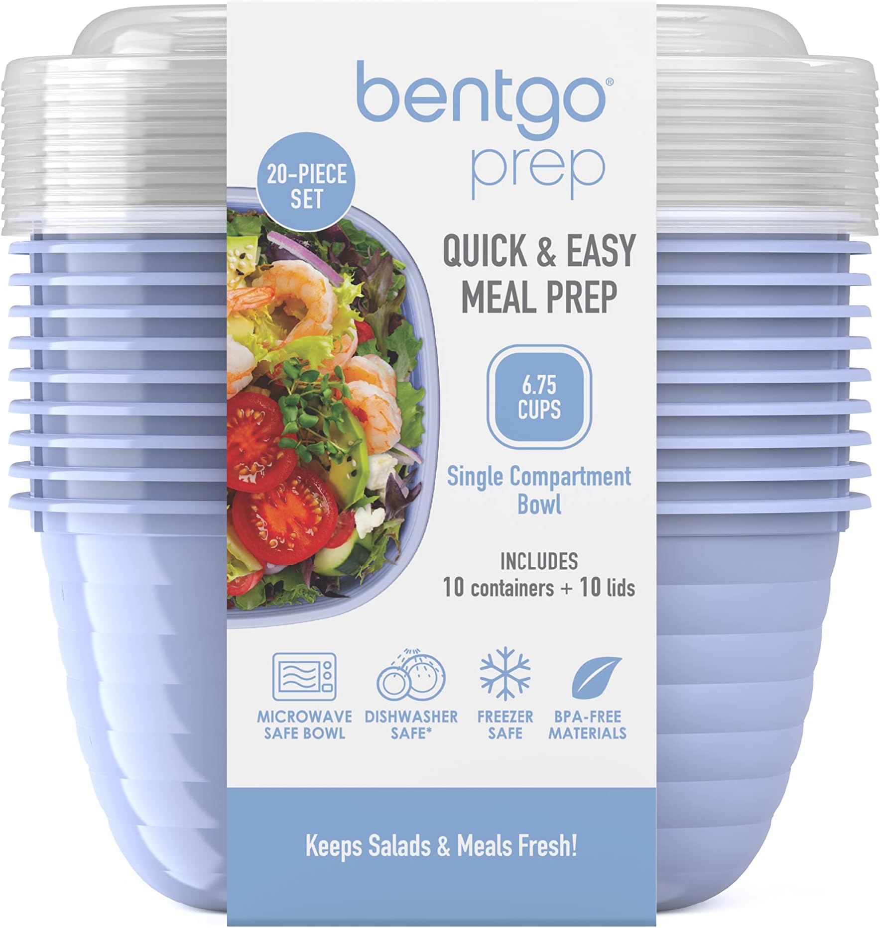 Bentgo Prep® - 1-Compartment Bowls with Custom Fit Lids - Reusable, Microwaveable, Durable BPA-Free, Freezer and Dishwasher Safe Meal Prep Food Storage Containers - 10 Bowls & 10 Lids (Periwinkle)