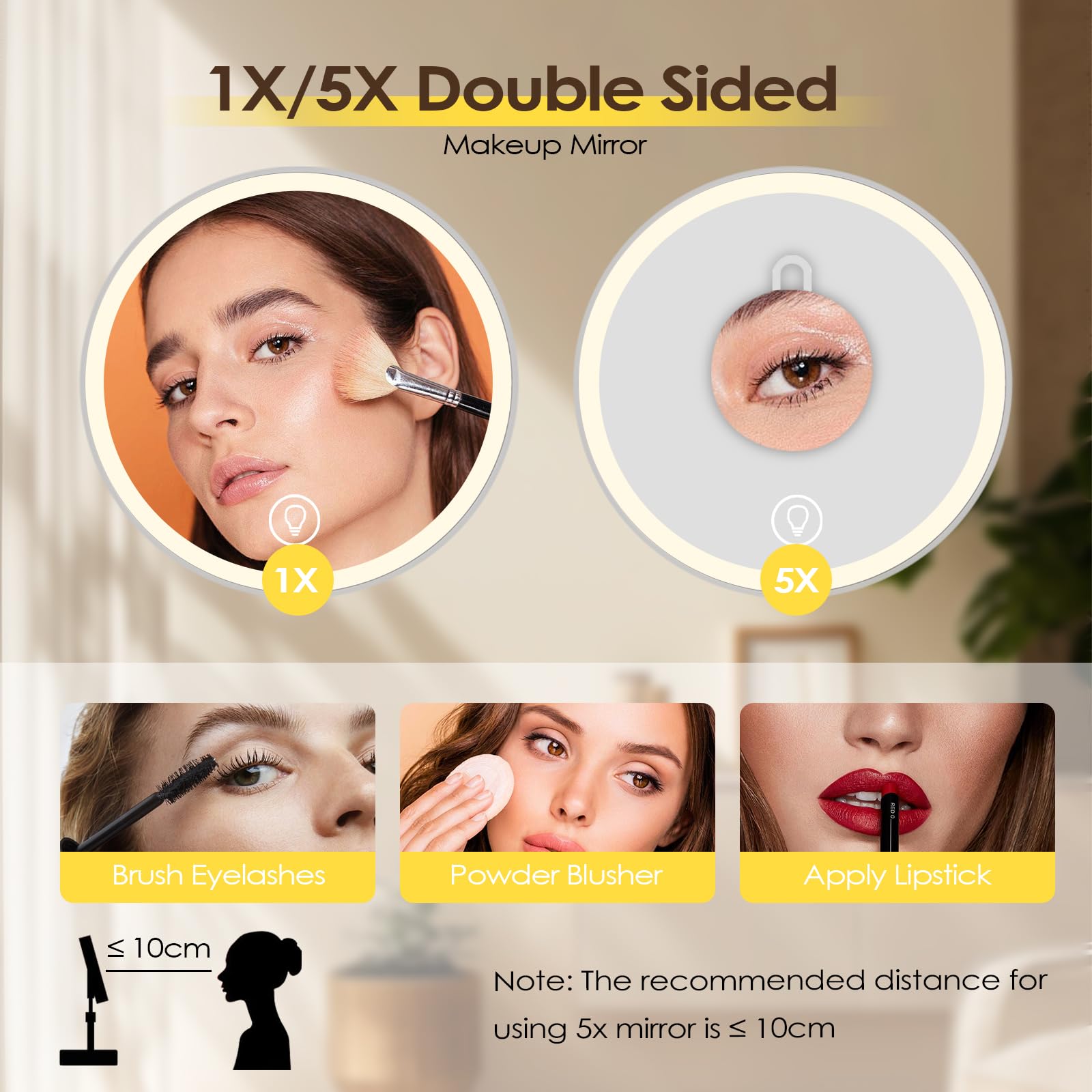 Cuteefun Miroir sur Pied Maquillage, Miroir Grossissant 5X avec Tiroir, 3 Couleurs de Lumière, Luminosité Réglable, Rechargeable par USB, Idéal pour Chambre à Coucher, Coiffeuse, Salle de Bain, Blanc