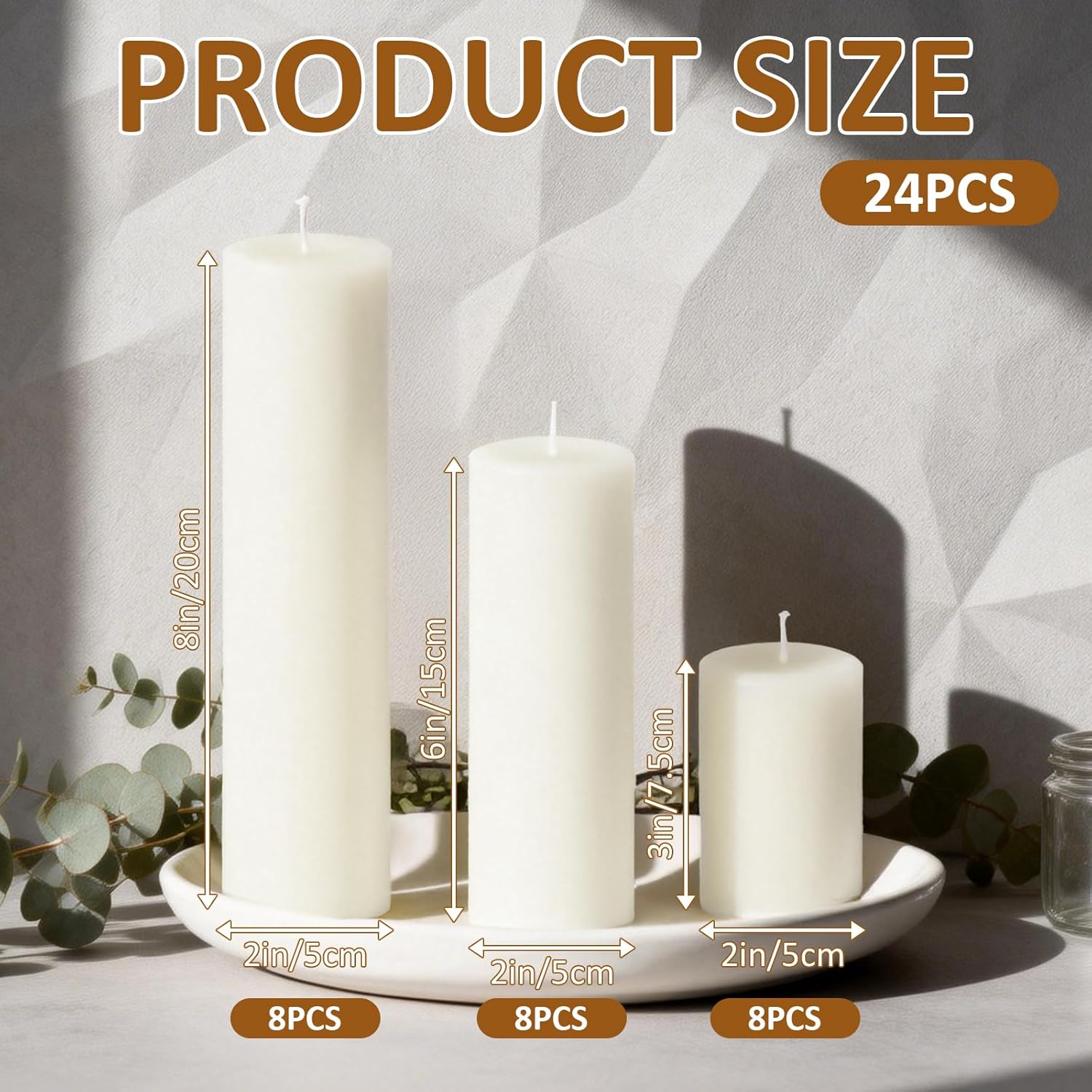 24-Pack White Unscented Pillar Candle Set - 2x3, 2x6, 2x8-inch Long-Burning Drip-Free Tapers, 8 Per Size. Ideal for Home Decor, Weddings, Emergencies, and Holidays.