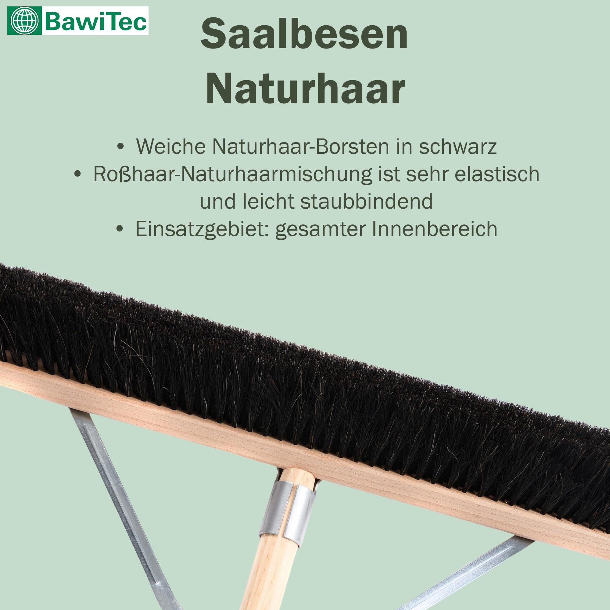 Rosshaar Saalbesen Besen 100cm mit Stiel 160cm und Stabi weiche Borsten | Spezieller Stielstabilisator/Zusatzhalterung, Besenstiel Ø28mm, Sehr weiche Naturhaar-Rosshaar-Borsten