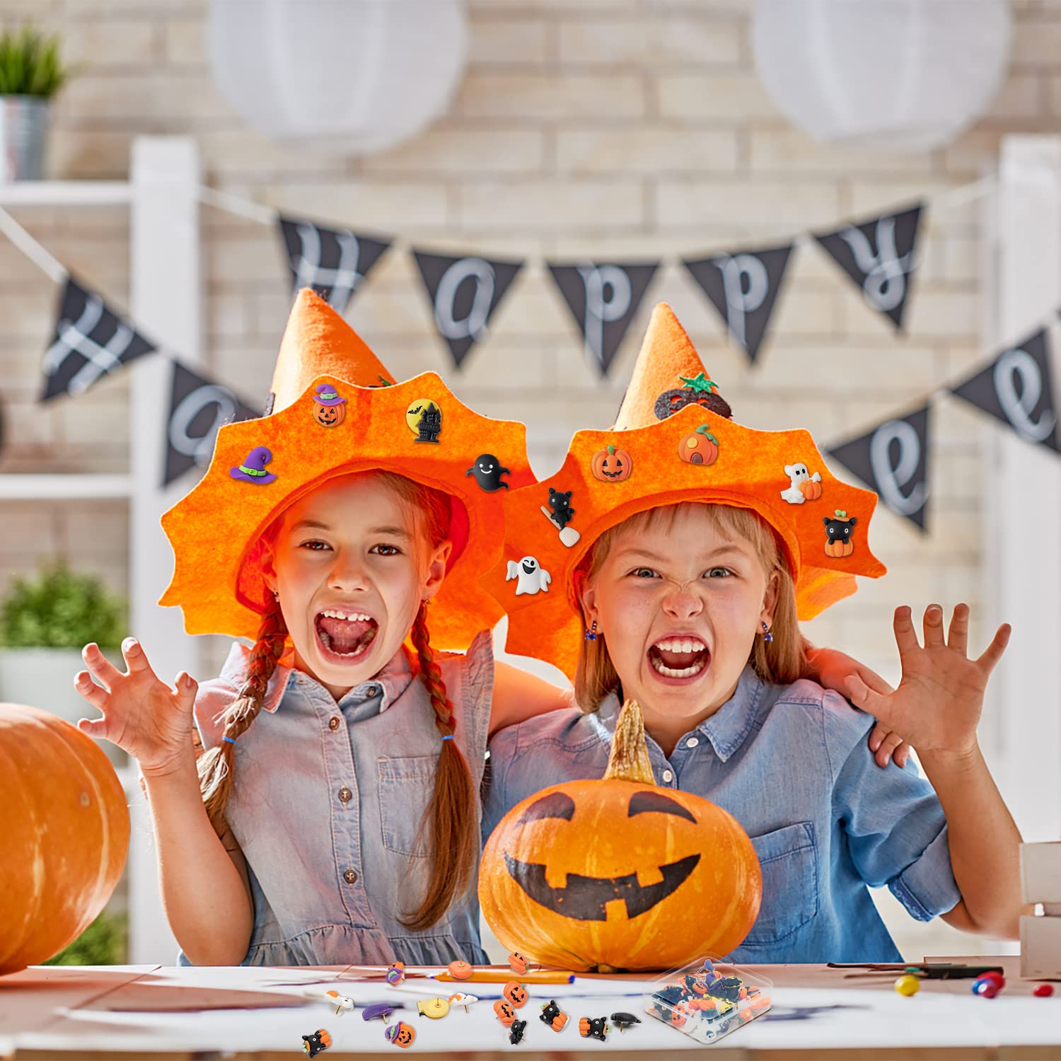 H1vojoxo 40 szt. przypinek na Halloween dekoracja na tablicę z korka, dekoracyjne pinezek na Halloween, zabawne przypinki do dyni na ścianę ze zdjęciami, przypinki do tablicy ogłoszeń, zamek na Halloween