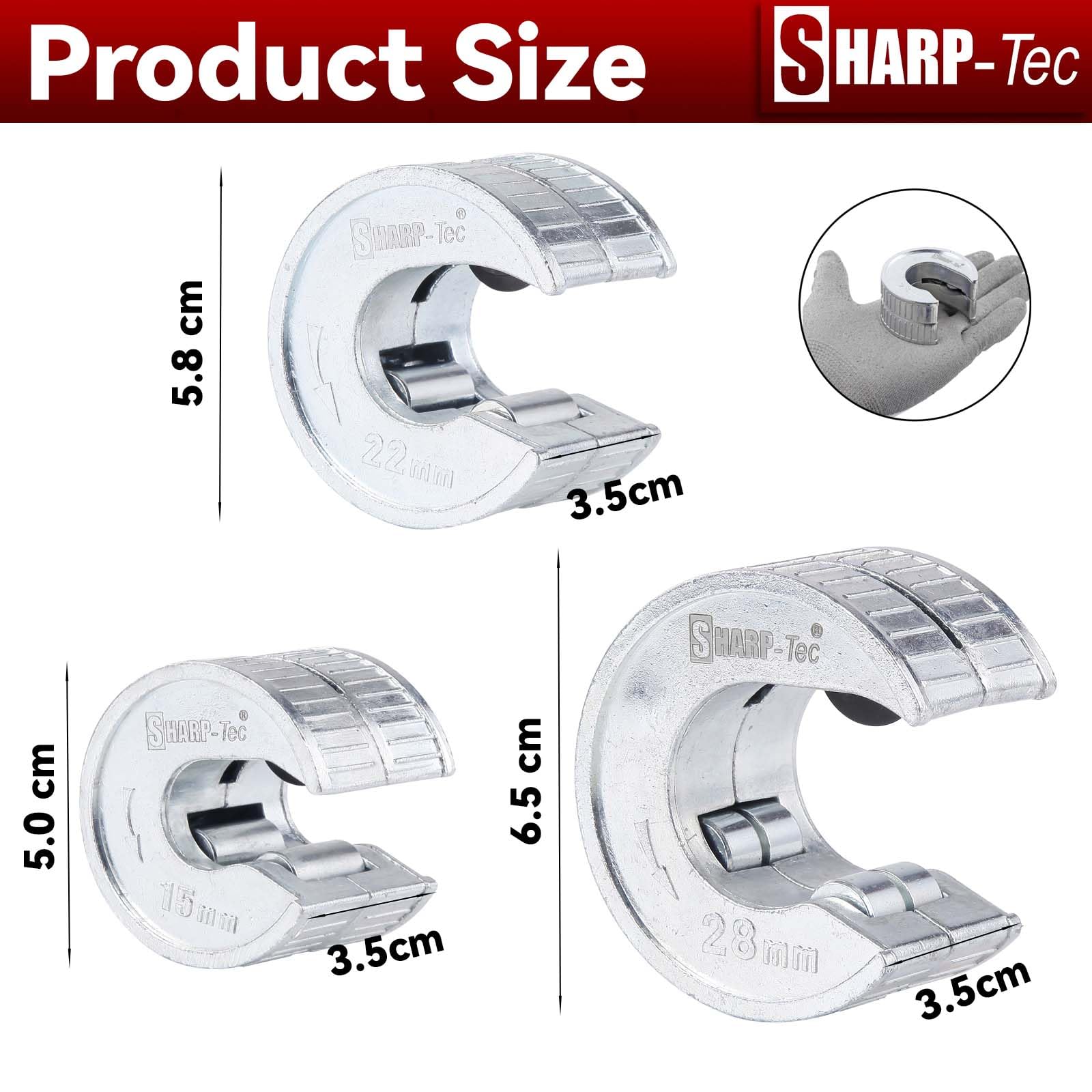 Sharp-tec Pipe Cutter 15mm and 22mm, Copper Pipe Cutter with Zinc Alloy Body, 2 Replacement Tube Cutting Wheels - Image 4