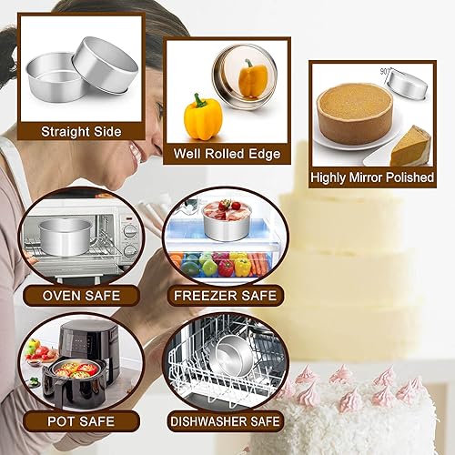 Miniatura 3 de E-far Juego de 3 moldes profundos para tartas (6 pulgadas, 8 pulgadas, 9 pulgadas), de acero inoxidable, de capa redonda, moldes de metal para